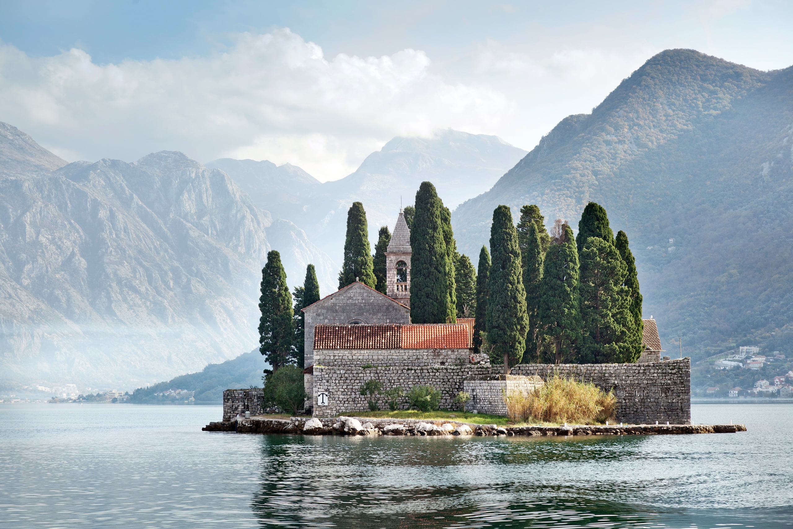 2K, rocks, mountains, Kotor bay, home, island, Bay, Perast, Montenegro, trees, HD Wallpaper