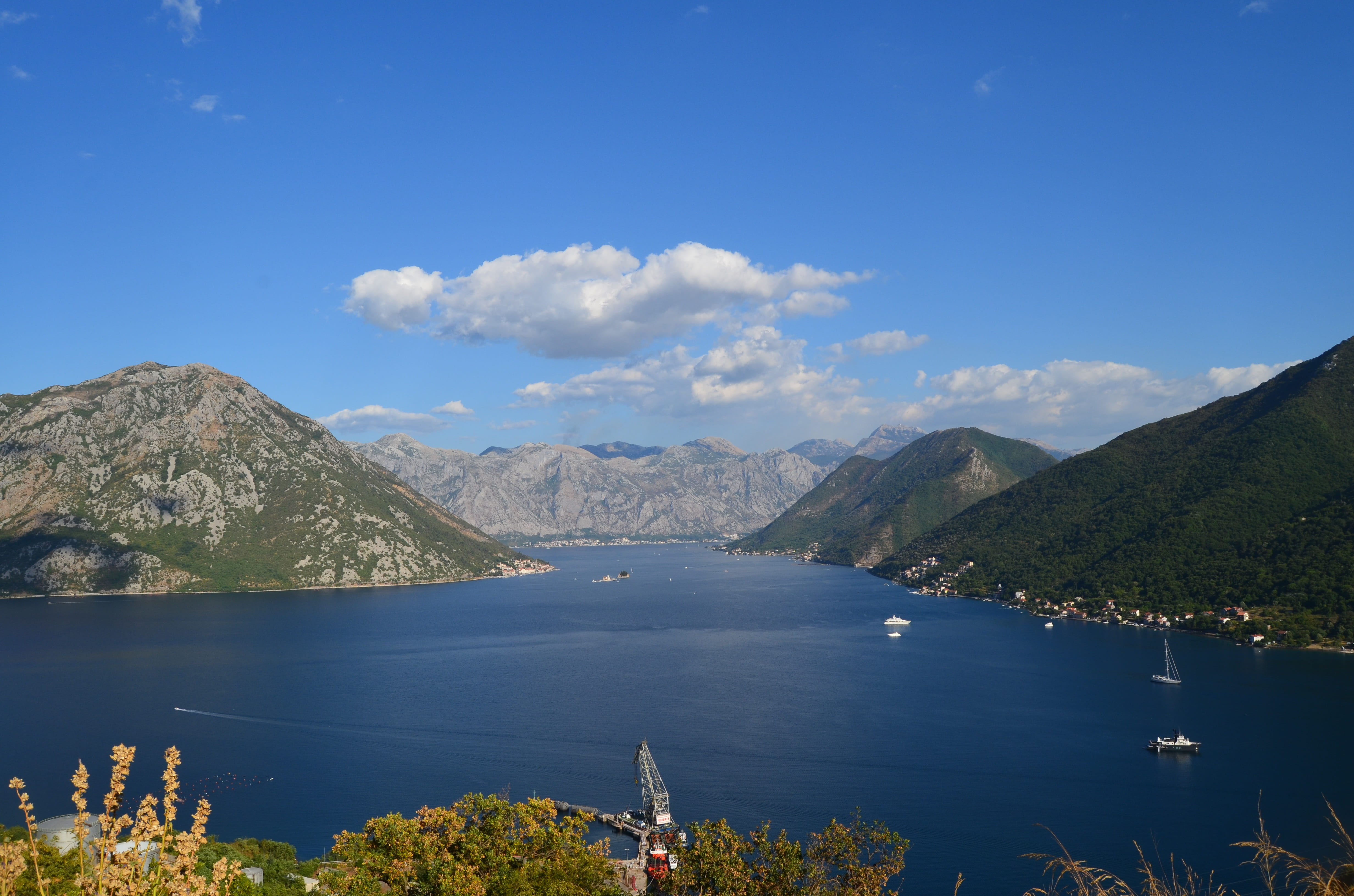nautical vessel, tranquility, nature, no people, boka kotorska, cloud - sky, tree, mountain, sky, coast, coastline, scenics - nature, kotor, water, non-urban scene, HD Wallpaper