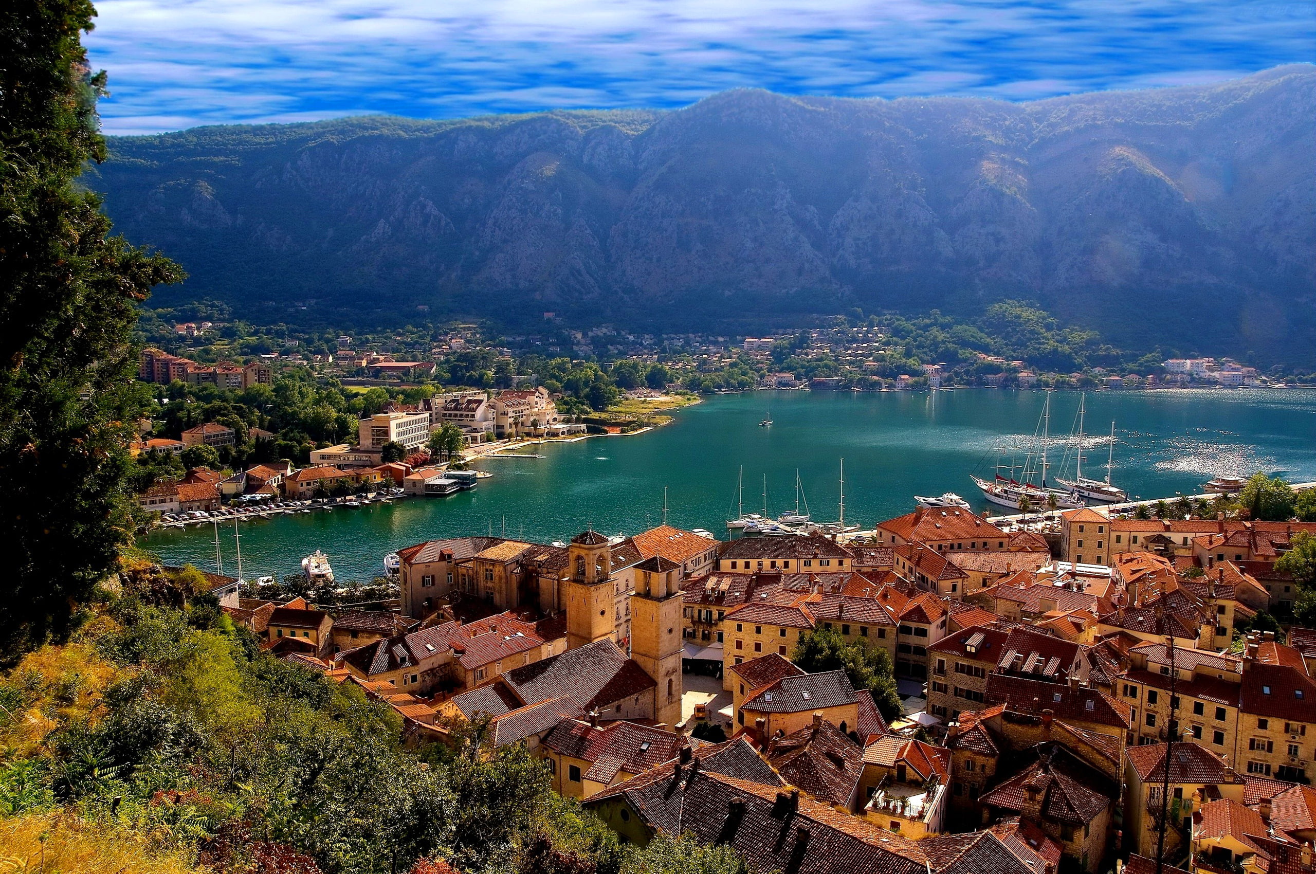 home, Montenegro, sea, landscape, trees, mountains, roof, tower, kotor, the sky, lake, 2K, HD Wallpaper