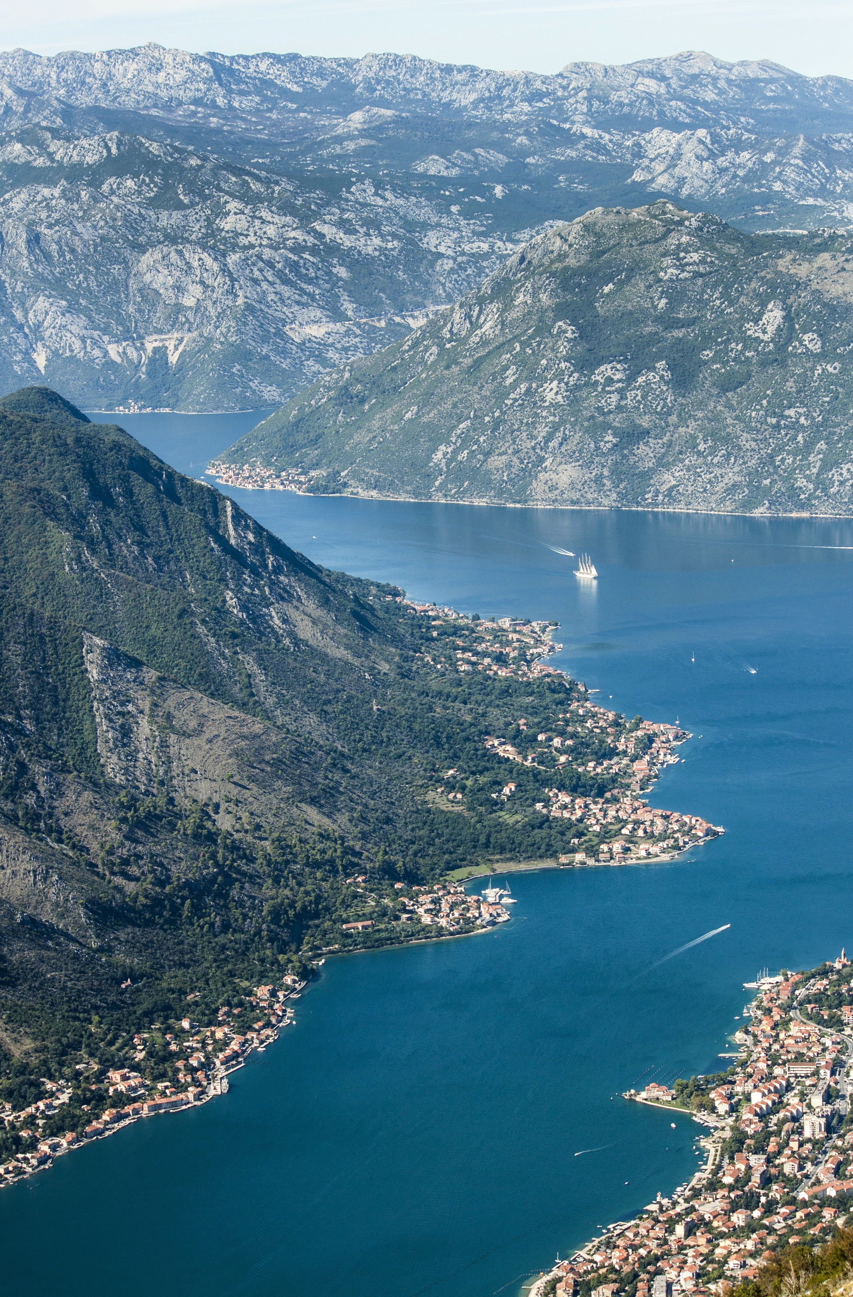 nautical vessel, scenics - nature, aerial, tourism, 4K, outdoors, tranquil scene, blue, coastline, architecture, old, kotor, bay, beauty in nature, montenegro, Phone HD Wallpaper