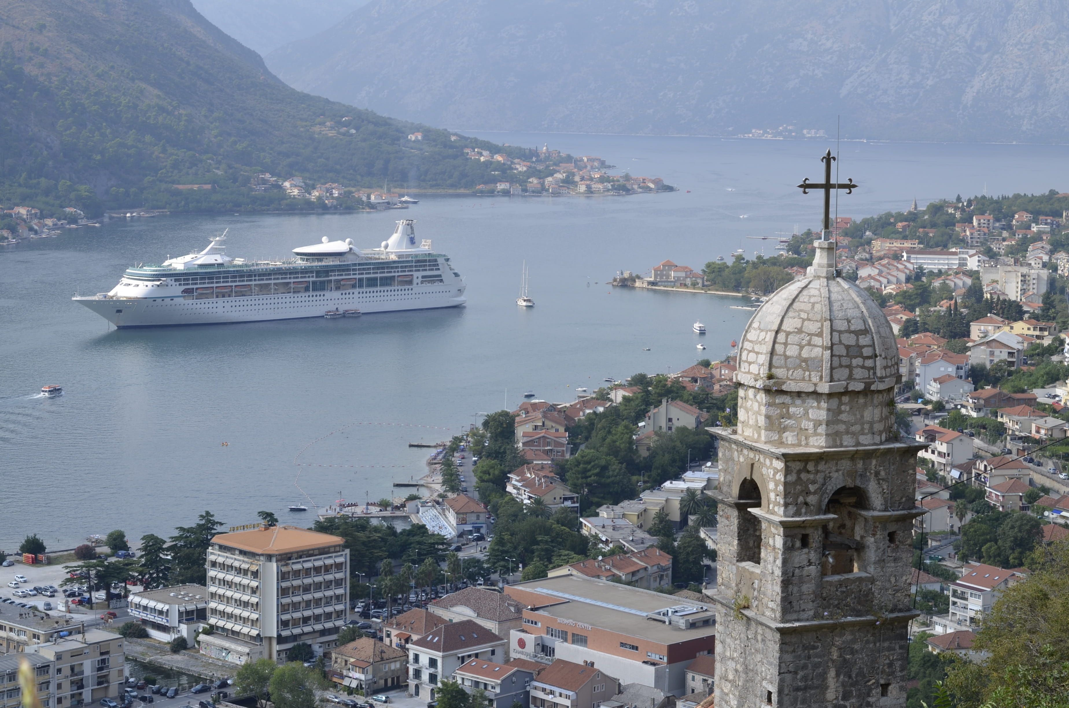summer, temple, steamer, architecture, adriatic, panorama, nature, kotor, city, mode of transportation, steamer in the sea, sailboat, beauty in nature, HD Wallpaper