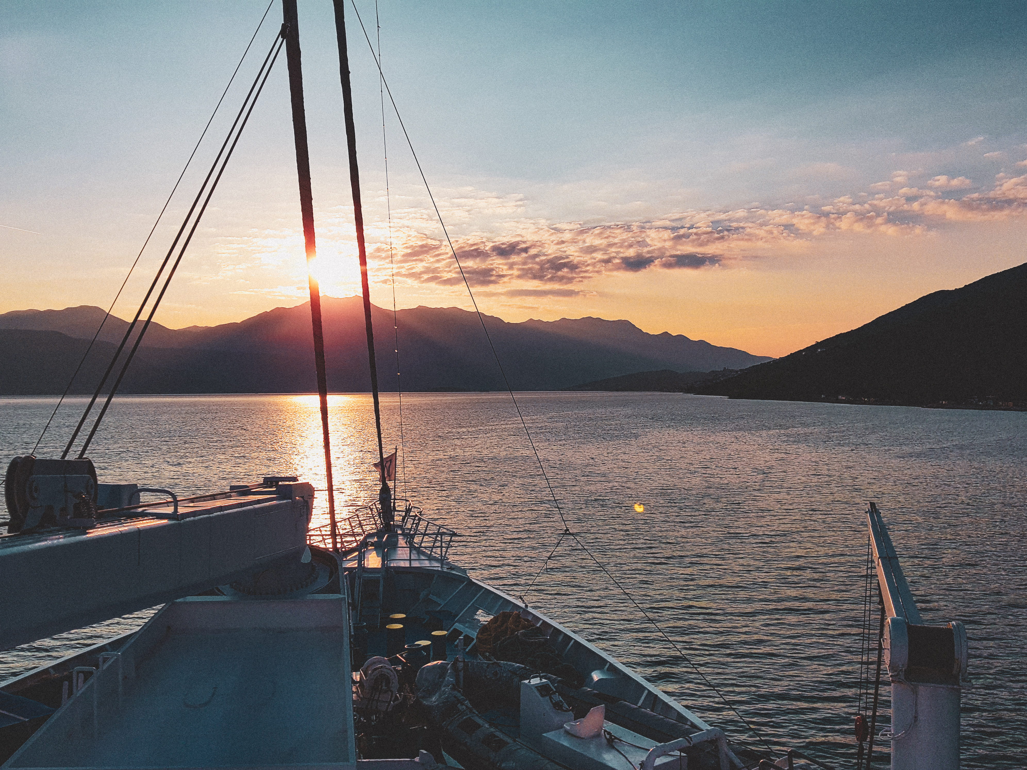 scenics - nature, sea, mountain range, nautical vessel, nature, water, cloud - sky, moored, mountain, yacht, transportation, sunset, mode of transportation, HD Wallpaper