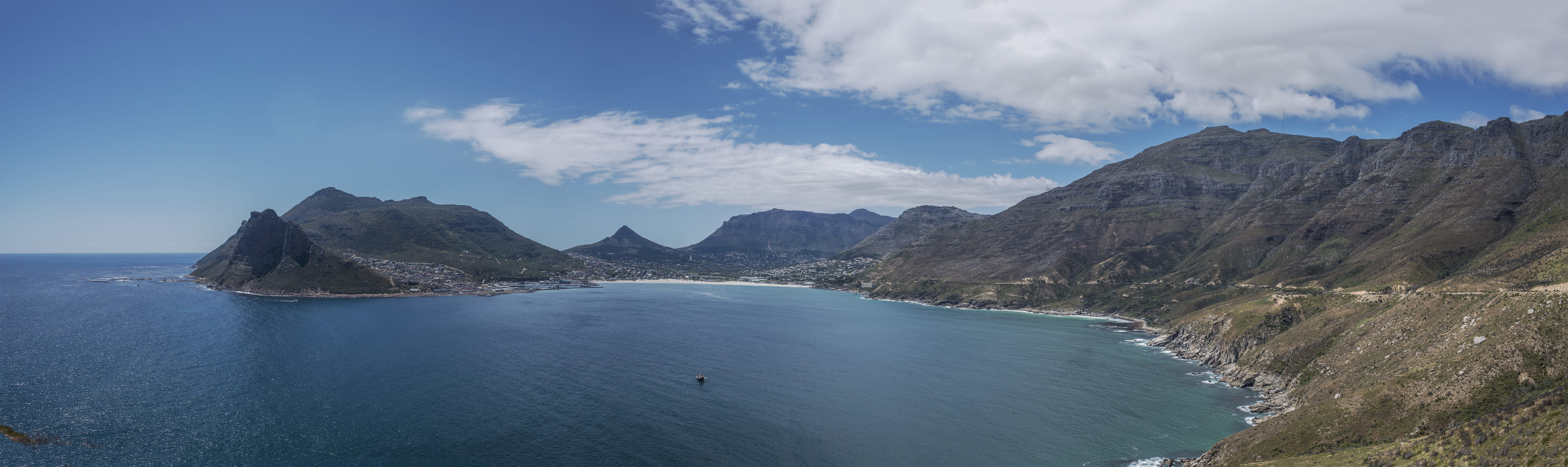 environment, tranquility, nature, pano, panoramic, sea, beauty in nature, beach, no people, travel destinations, hout bay, bay, cloud - sky, mountain range, HD Wallpaper
