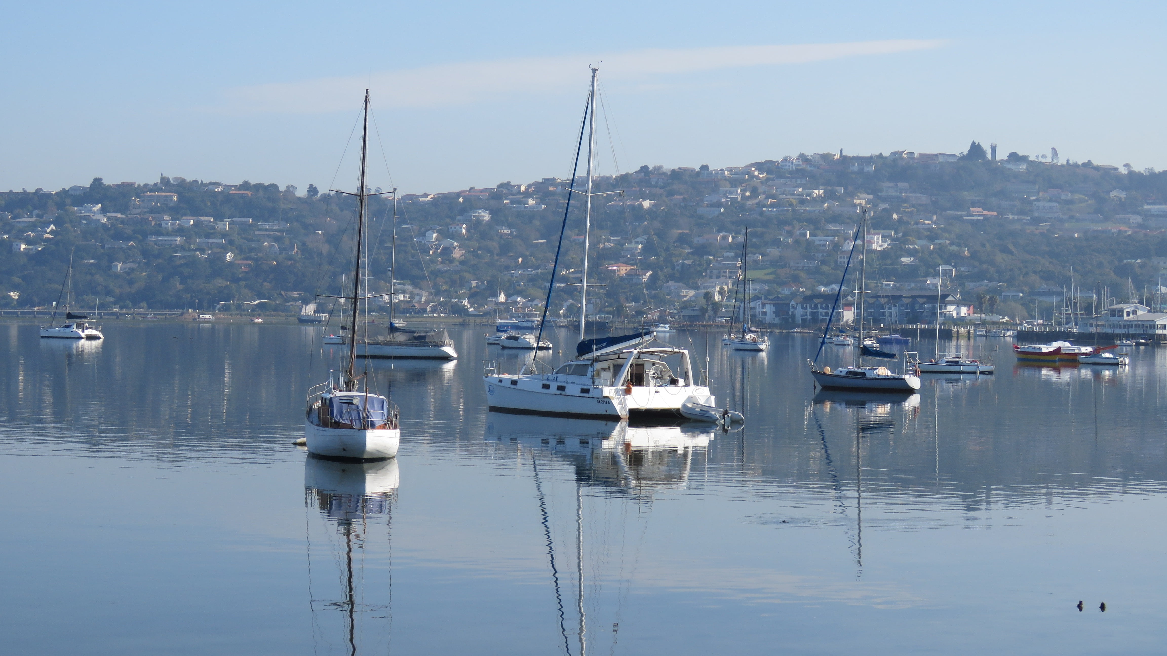 marina, knysna, reflection, seascape, no people, sky, scenery, architecture, waterfront, nautical vessel, ocean, travel, 4K, vacation, blue, landscape, HD Wallpaper