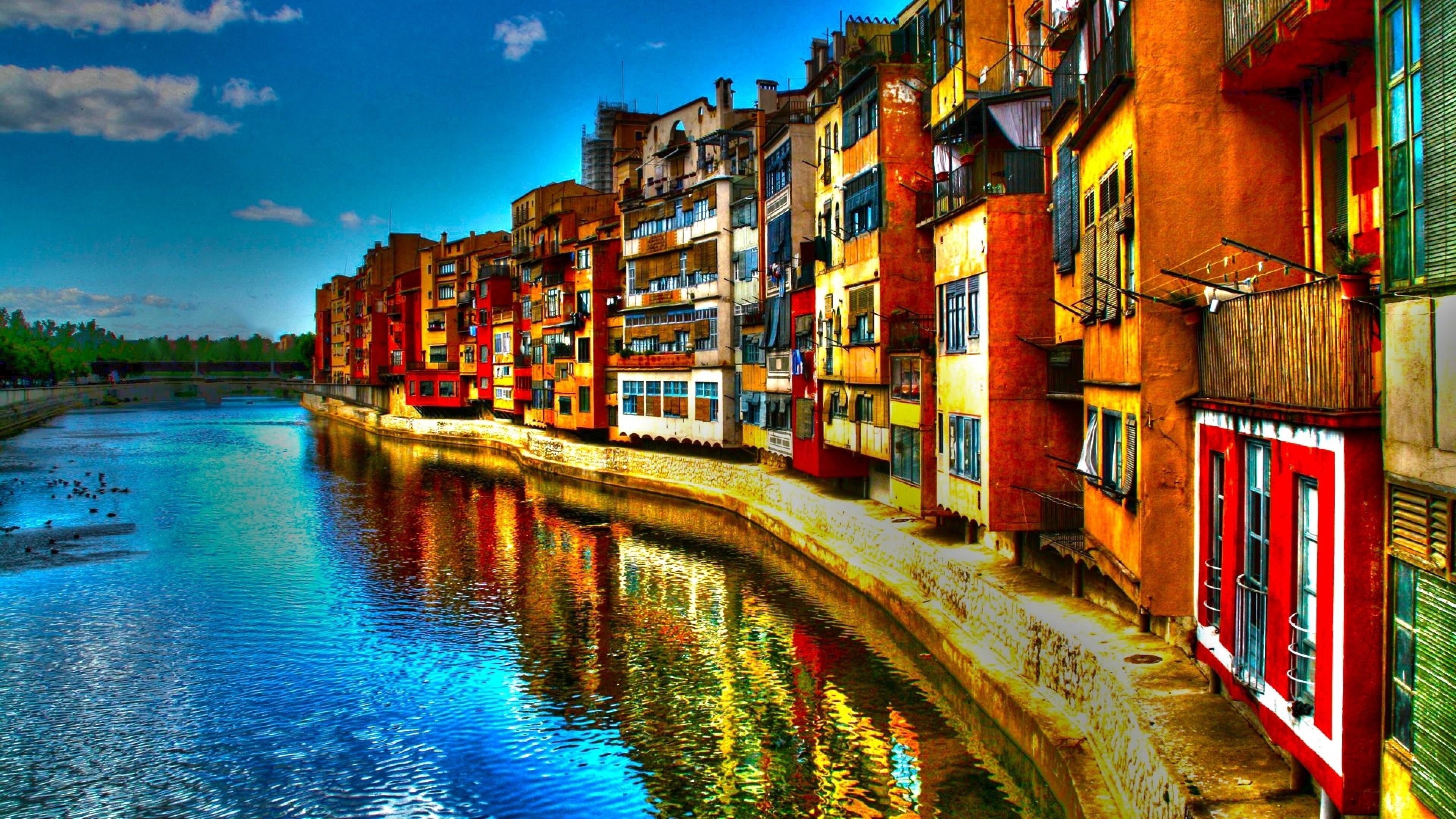 spain, outdoors, built structure, water, house, river, buildings, waterfront, architecture, building, 4K, reflected, nautical vessel, onyar river, reflection, HD Wallpaper