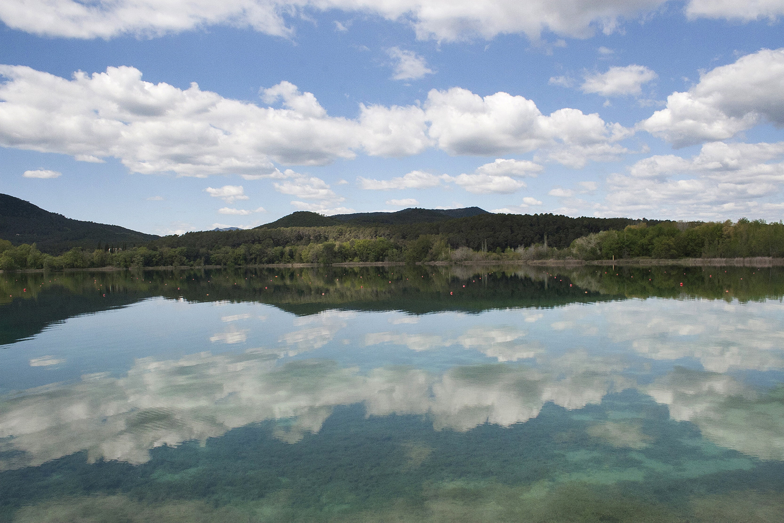 lake, non-urban scene, travel, bright, lagoon, cloud - sky, clouds, reflection, banyoles, outdoors, scenics - nature, beauty in nature, water, travel destinations, HD Wallpaper