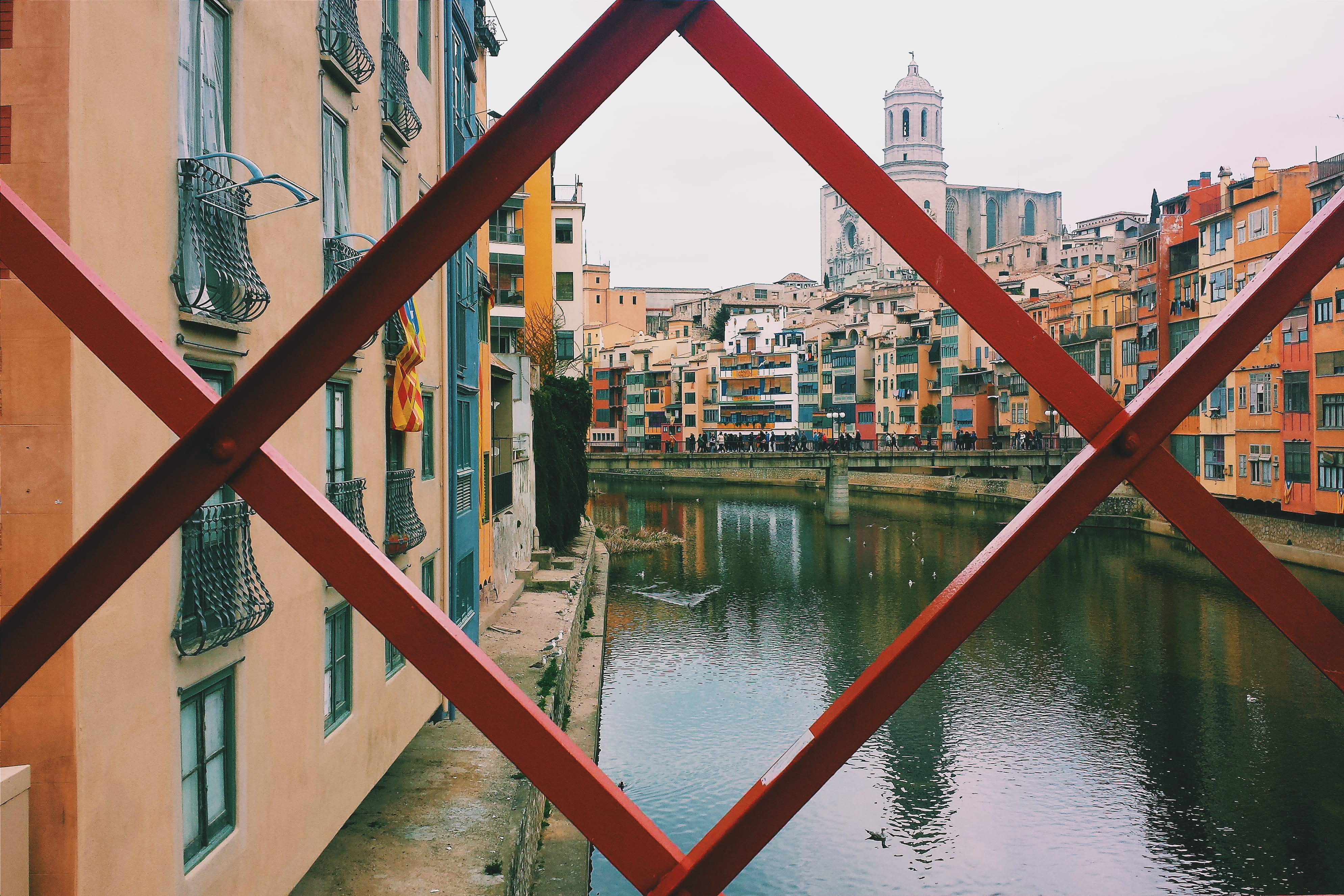 no people, sky, metal, girona, built structure, catalonia, nature, building, water, river, bridge - man made structure, oñar, residential district, day, HD Wallpaper