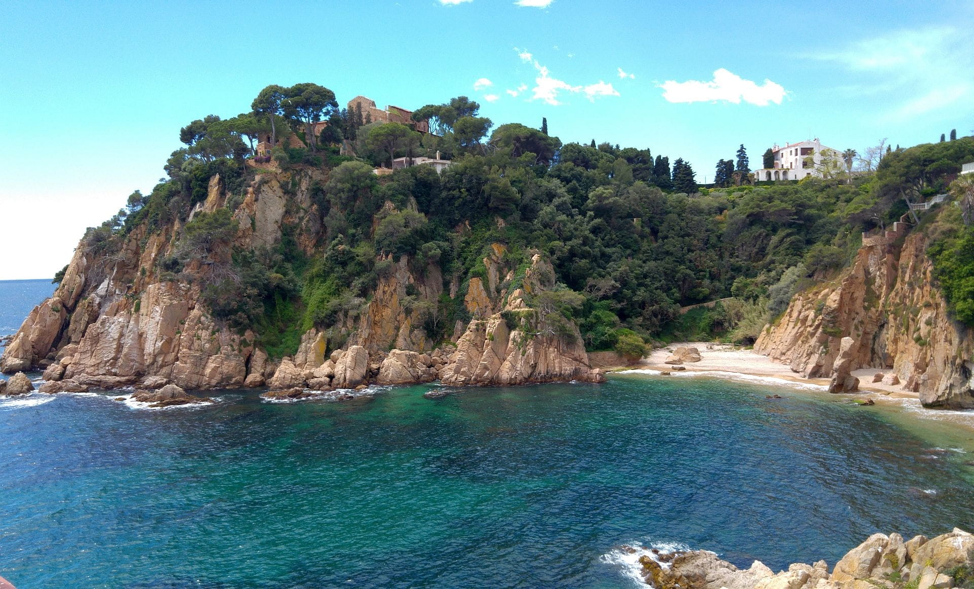 mountain, travel, 1080P, sky, no people, rock - object, costa brava, outdoors, tranquil scene, plant, vacation, tree, day, spain, water, non-urban scene, HD Wallpaper