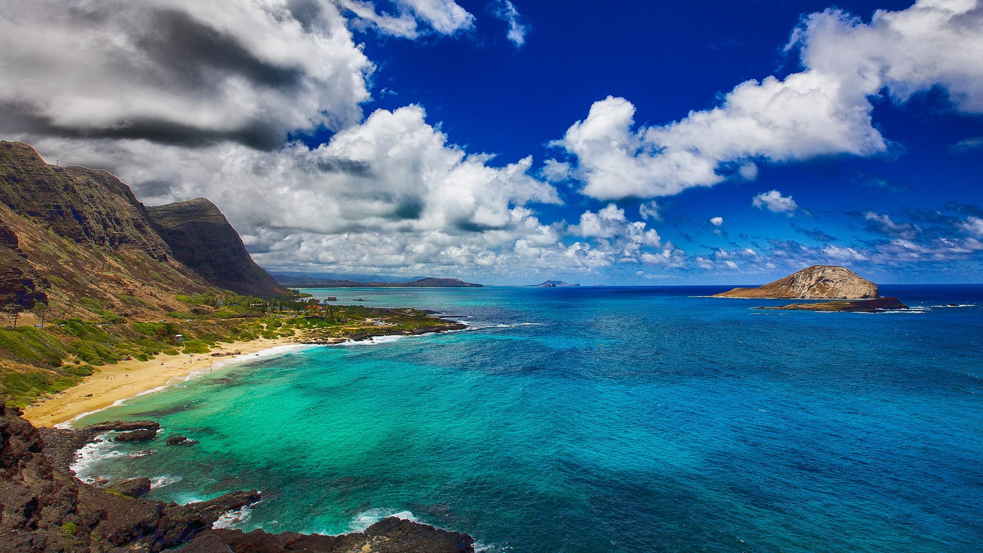 sky, landscape, mountains, Hawaii, coast, 1080P, island, USA, waves, nature, rocks, clouds, water ripples, oahu, HD Wallpaper