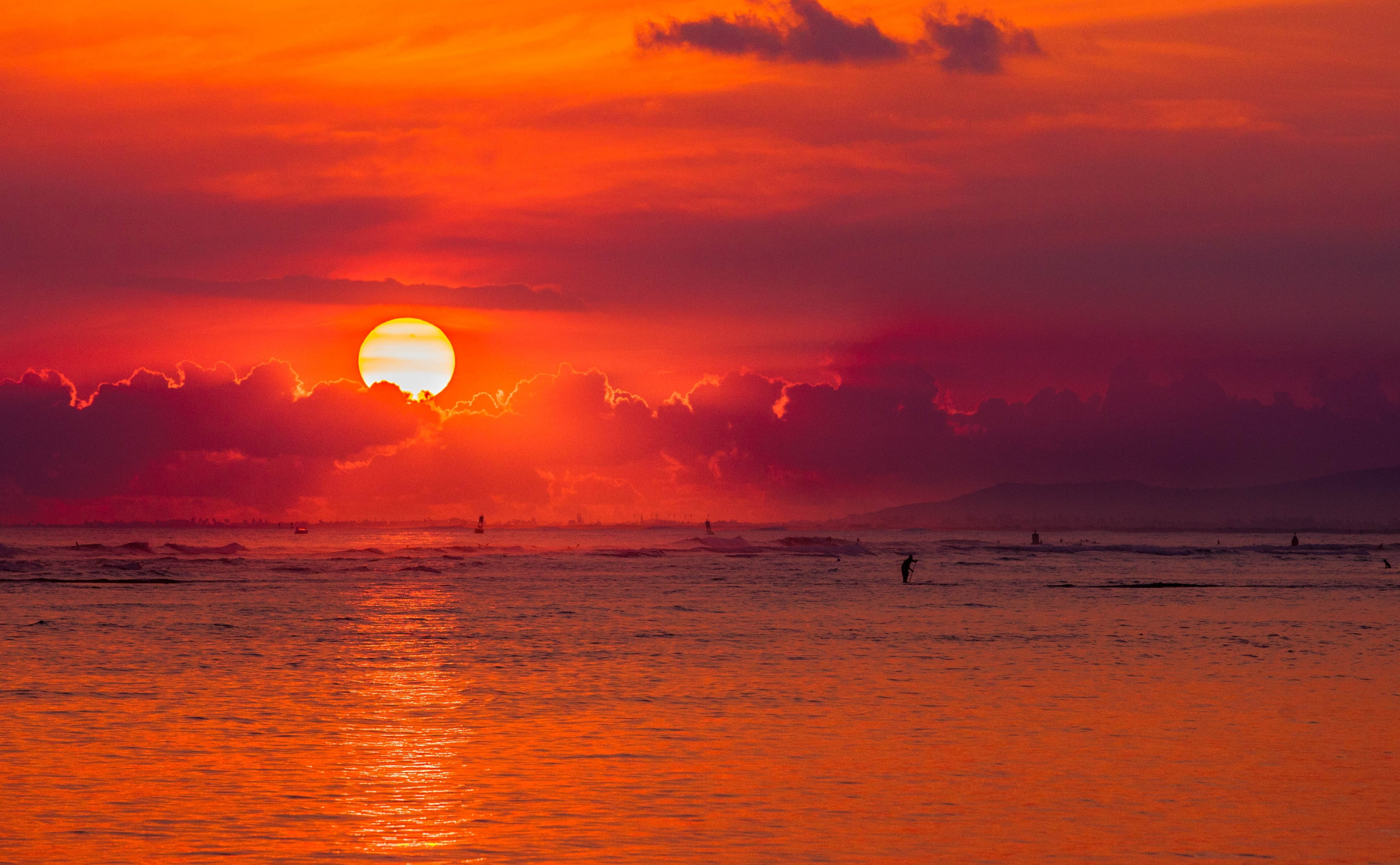 Islands, orange color, dramatic sky, nature, Sunset, water, Color, Hawaii, Travel, horizon, beauty in nature, scenics - nature, tranquil scene, land, horizon over water, HD Wallpaper