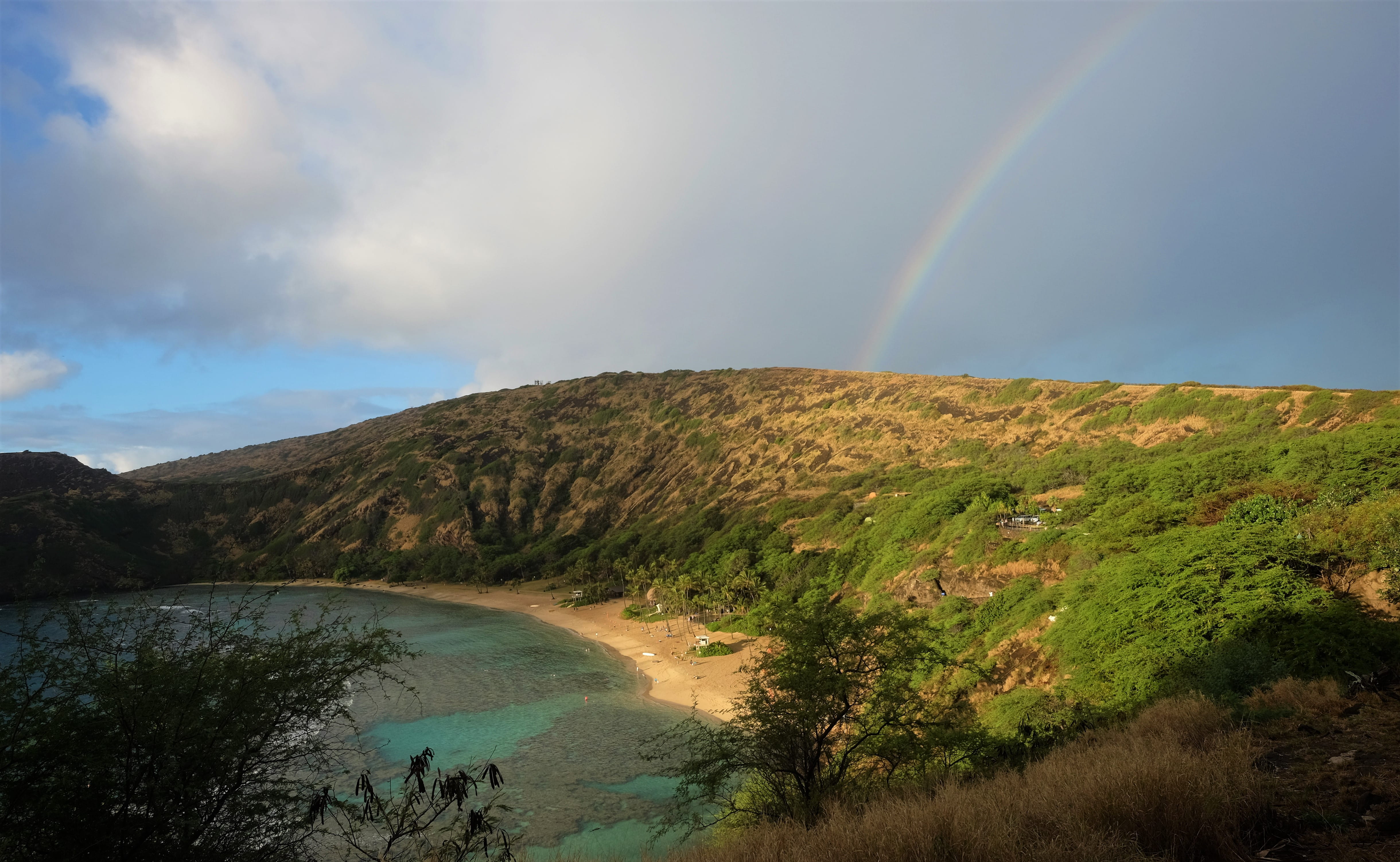 sky, scenics - nature, hawaii, countryside, ocean, shoreline, plant, mountain, rainbow, coast, nature, united states, water, double rainbow, landscape, HD Wallpaper