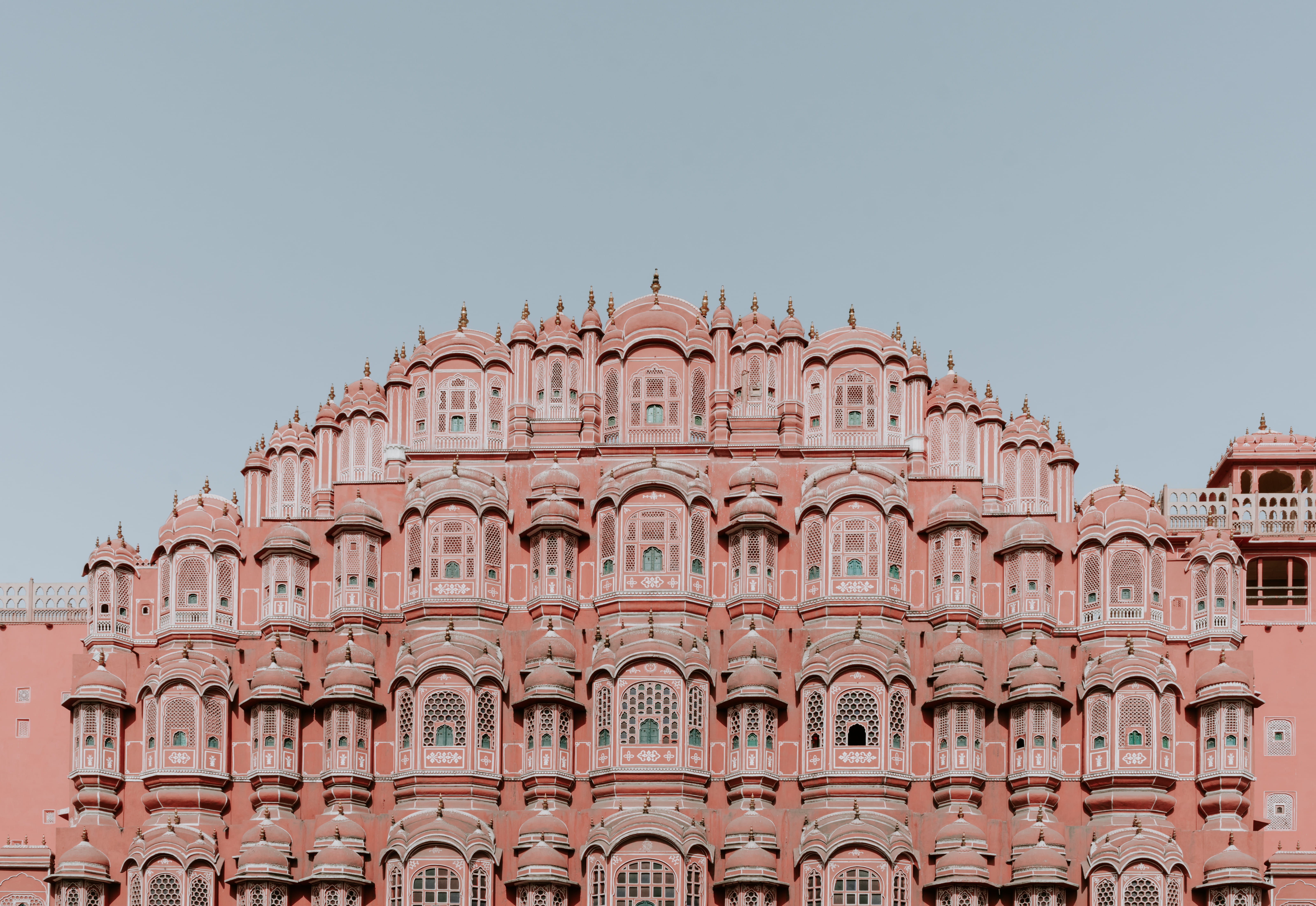 travel, pink, ornate, repetitive, window, hawa mahal, building, religion, outdoors, pattern, sky, center, low angle view, facade, palace, tourism, arch, HD Wallpaper