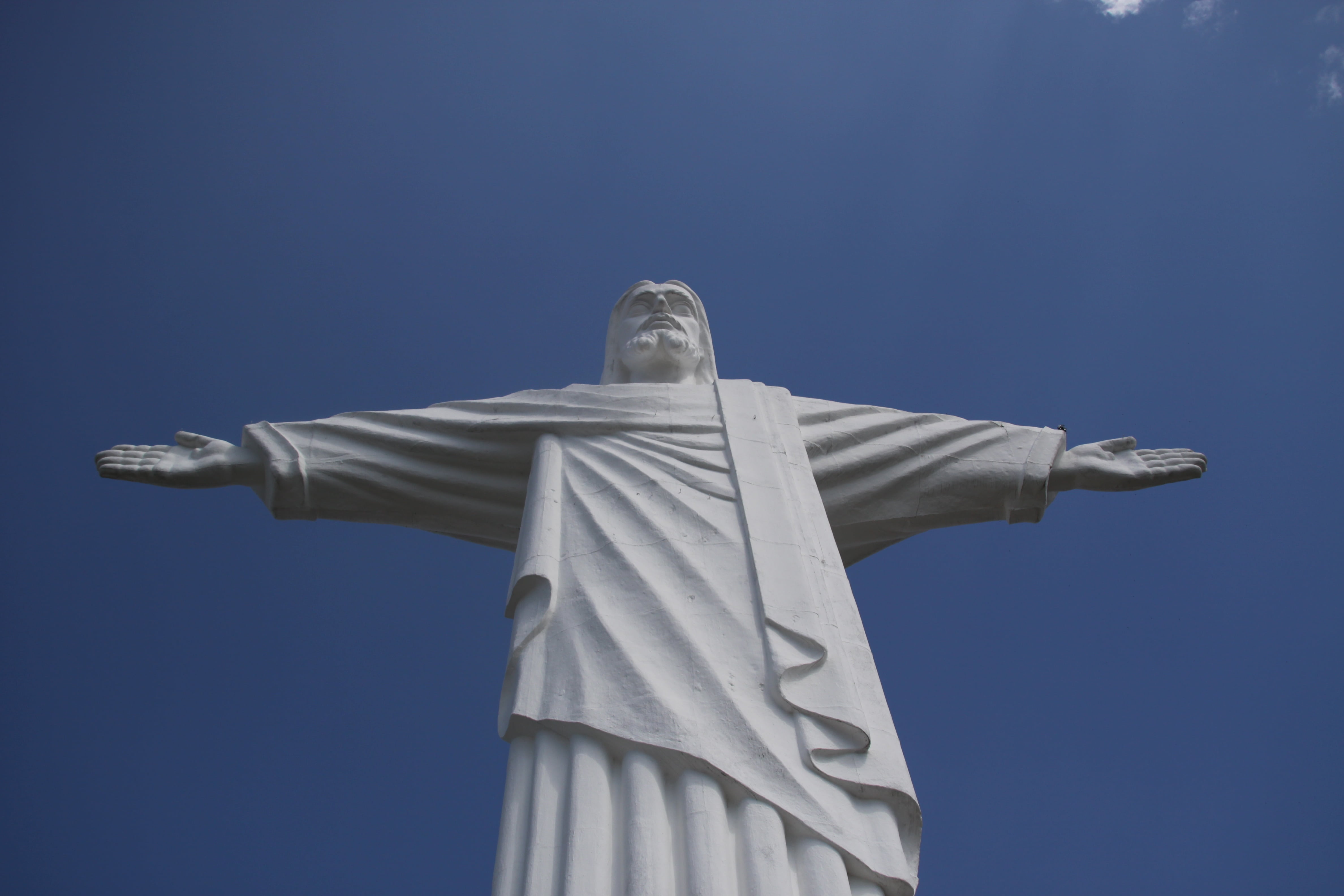 low angle view, limb, copy space, art and craft, belief, brazil, monument, christ, 4K, no people, nature, statue, taubaté, blue, jesus, human representation, HD Wallpaper