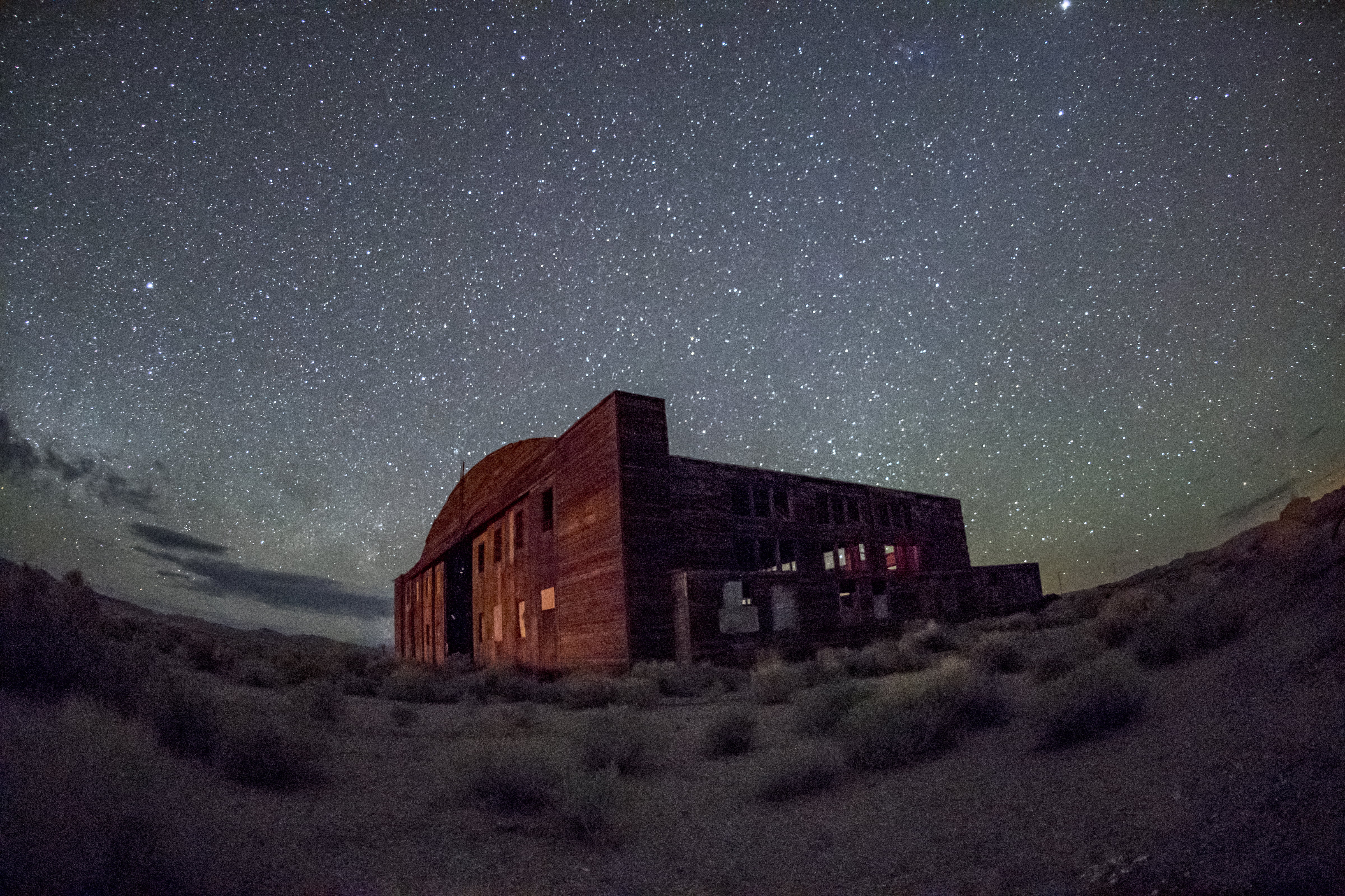 hangar, tonopah, nevada, eye, brown house, fish eye, brown, nature, outdoors, landscape, stars, beauty, nightscape, wooden, 10.5  mm, 4K, fish, photography, HD Wallpaper