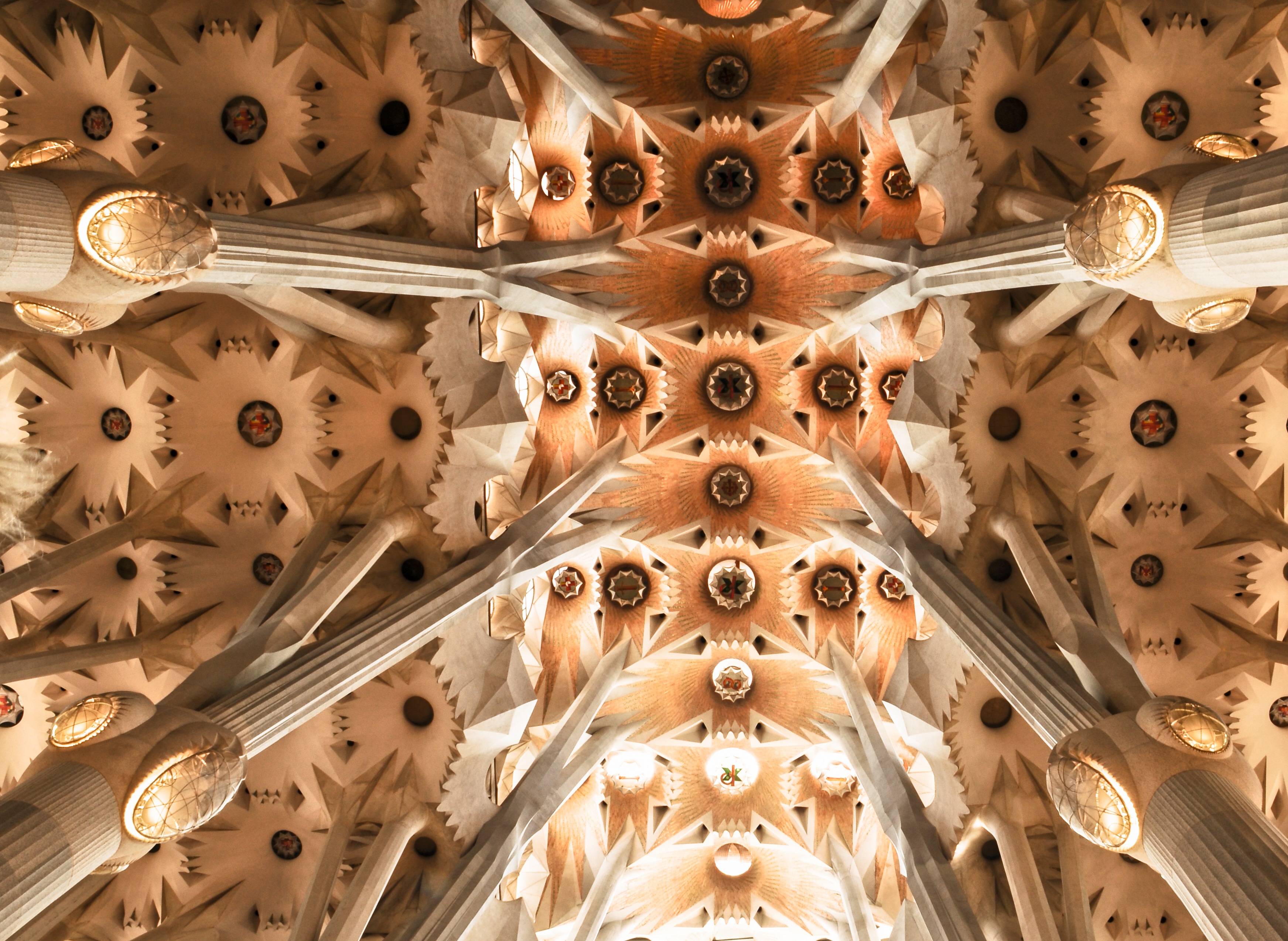 built structure, backgrounds, monument, large group of objects, architecture and art, hanging, gaudi, sagrada familia, view, indoors, wood - material, gold colored, HD Wallpaper