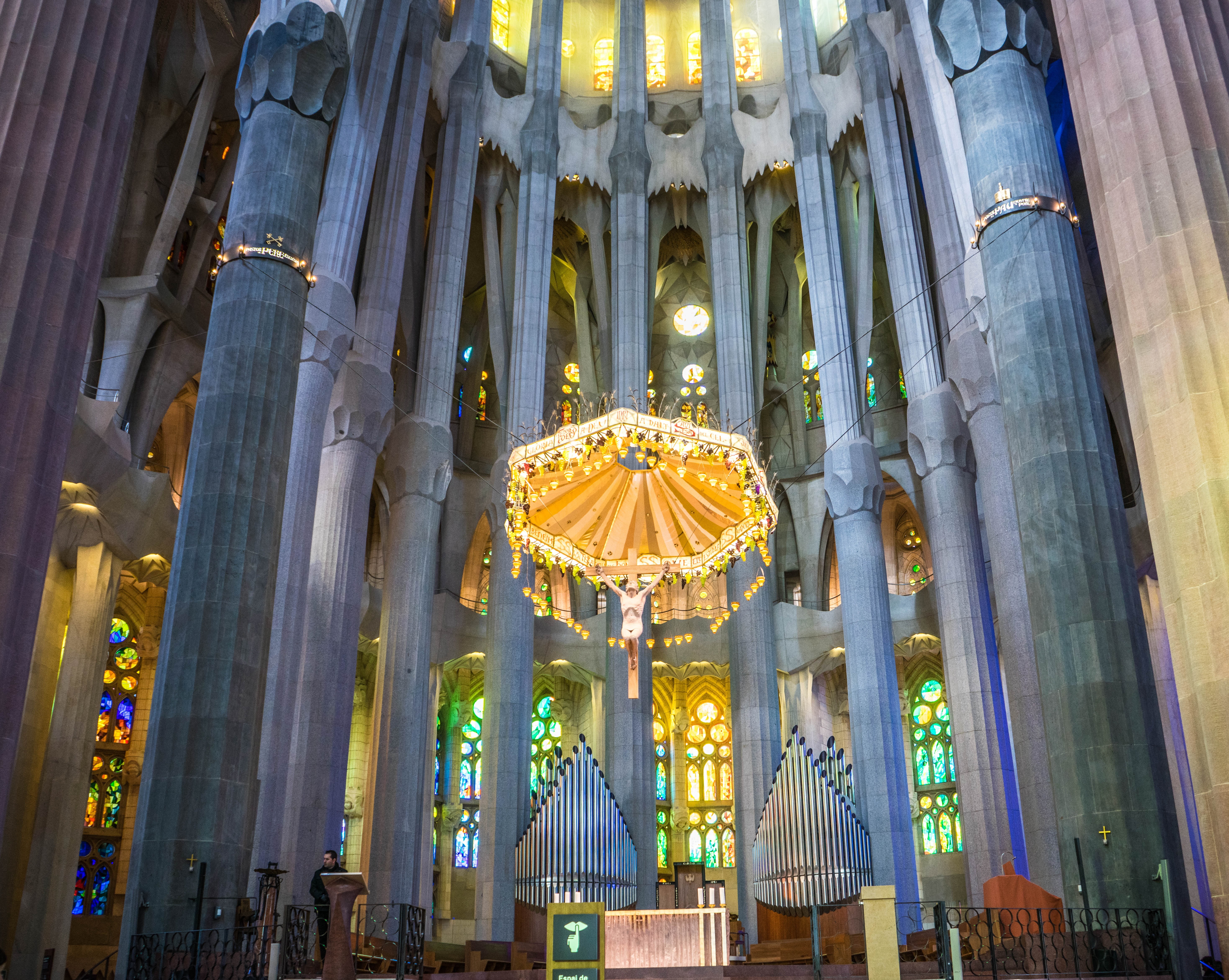barcelona, ornate, belief, architectural column, ceiling, tourism, spain, church, landmark, travel destinations, 5K, spirituality, religion, construction, HD Wallpaper
