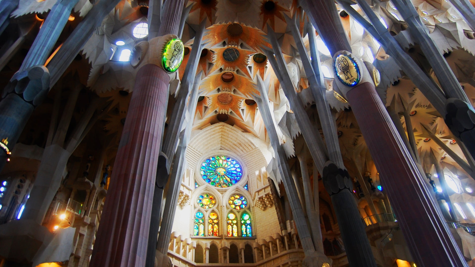 belief, illuminated, 1080P, indoors, building, religion, built structure, cathedral, europe, travel destinations, spirituality, gaudi, barcelona, tourist attraction, HD Wallpaper