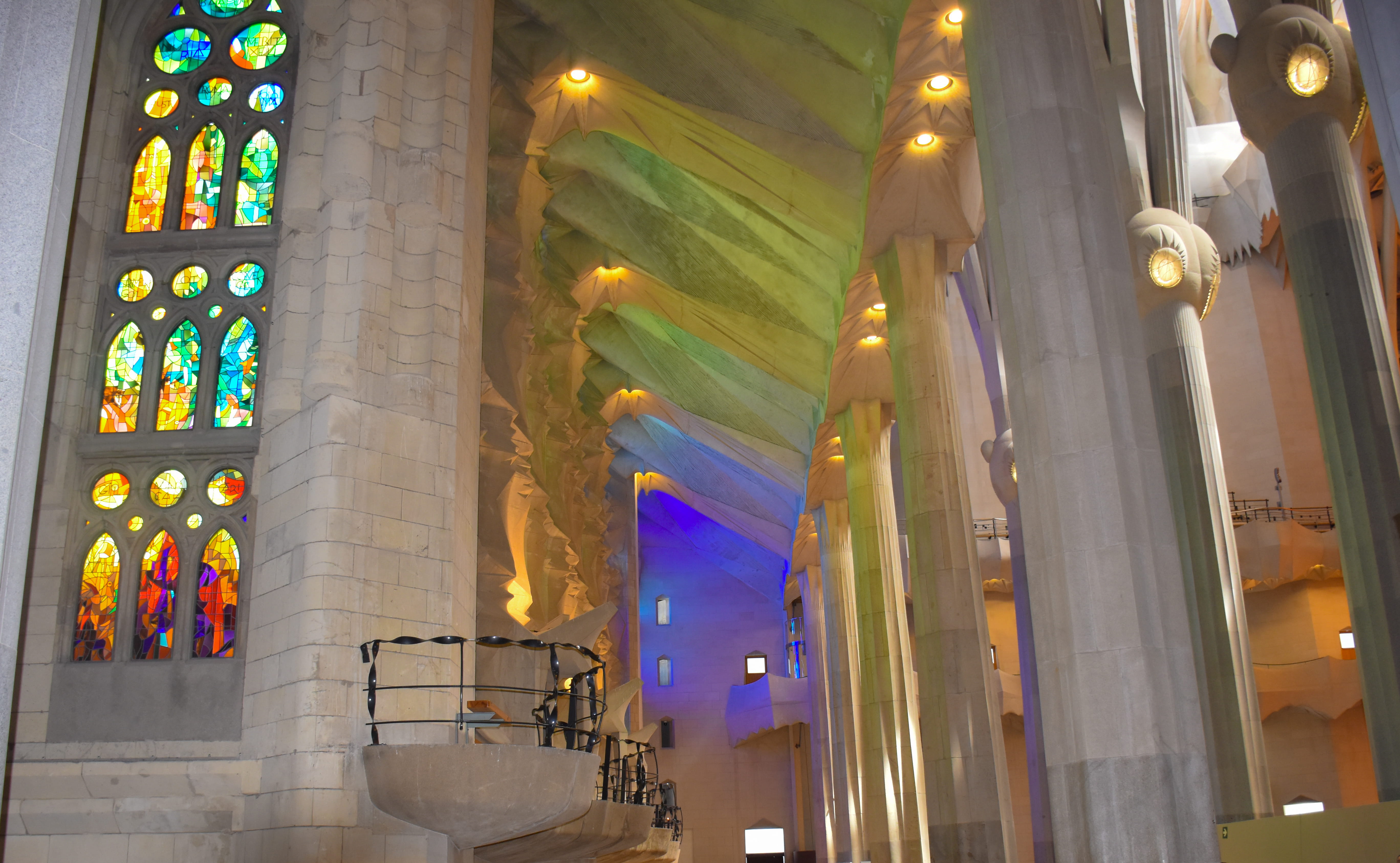corridor, flooring, architectural column, pillar, glowing, architecture, glass - material, low angle view, railing, Stained glass windows, spirituality, HD Wallpaper