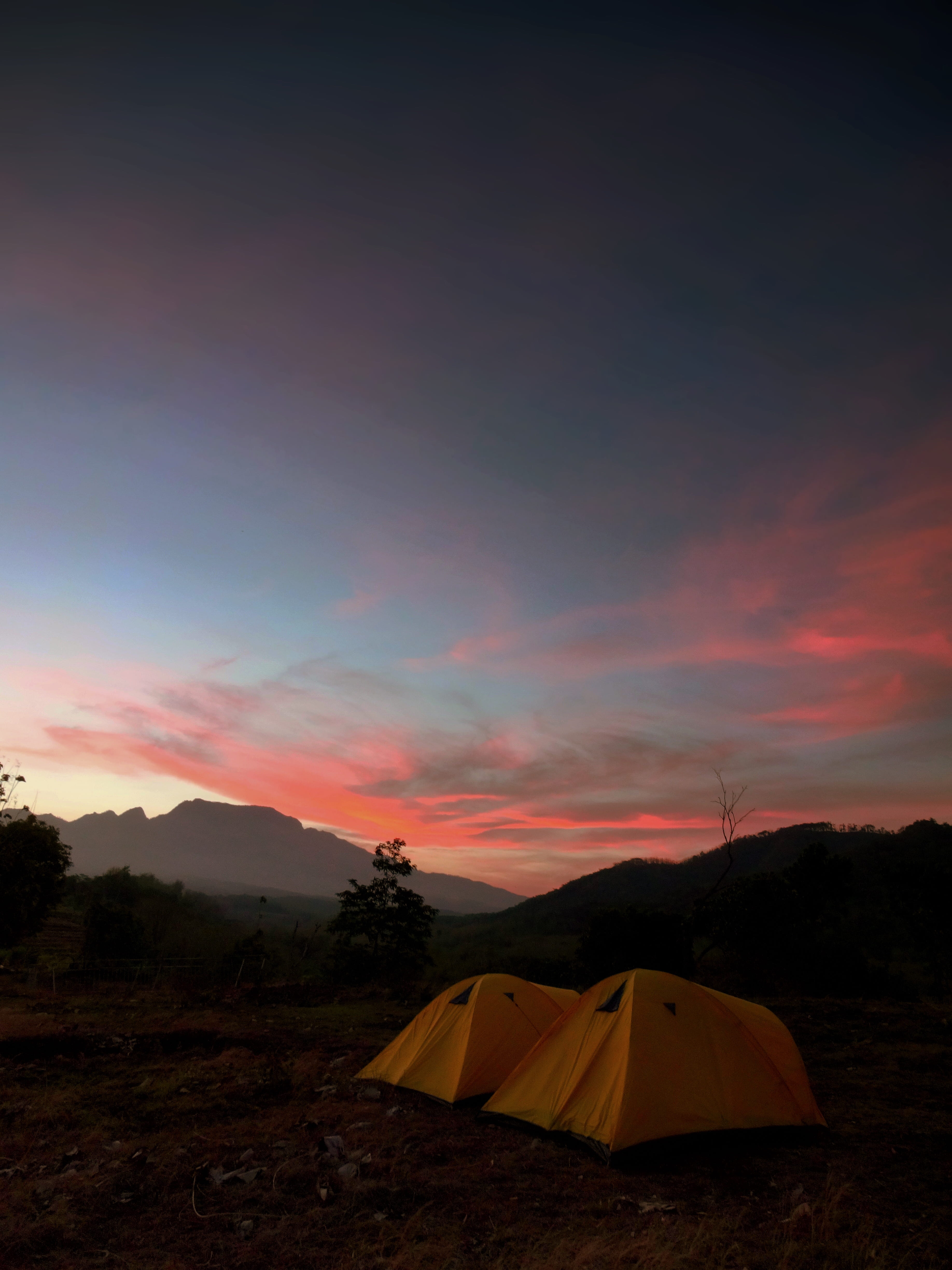 sky, environment, camp, orange color, camping, tent, tranquil scene, kediri, mountain, mountains, outdoors, tranquility, adventure, beauty in nature, indonesia, Phone HD Wallpaper