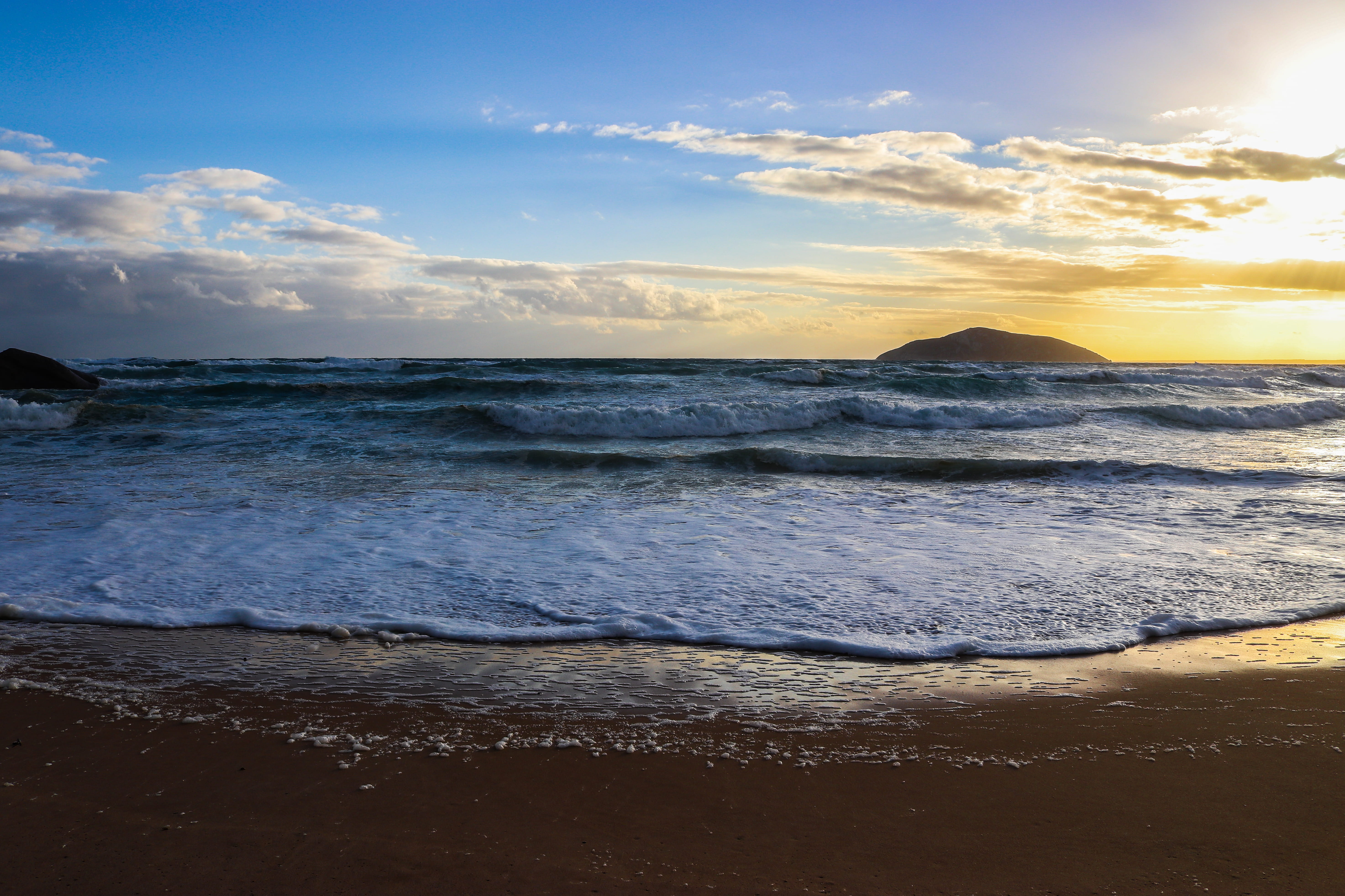 aquatic sport, motion, surfing, shoreline, sunlight, outdoors, water, beach, sunset, dawn, sea waves, sea, ocean, sand, coast, wave, camping, idyllic, victoria, HD Wallpaper