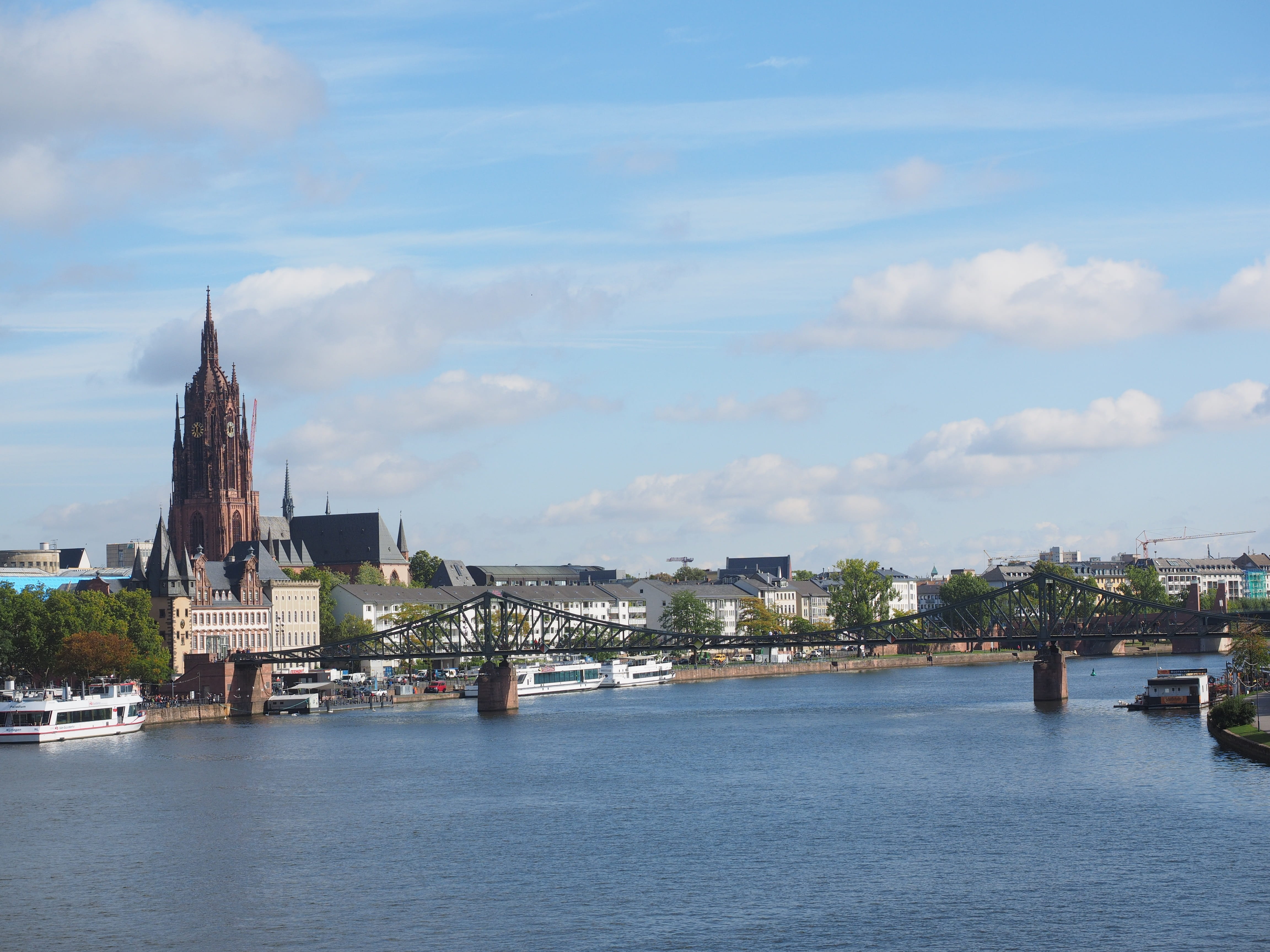 no people, cloud - sky, church, nature, cathedral, pedestrian bridge, outdoors, old town, spirituality, religion, spire, frankfurt, city, choice of church, HD Wallpaper