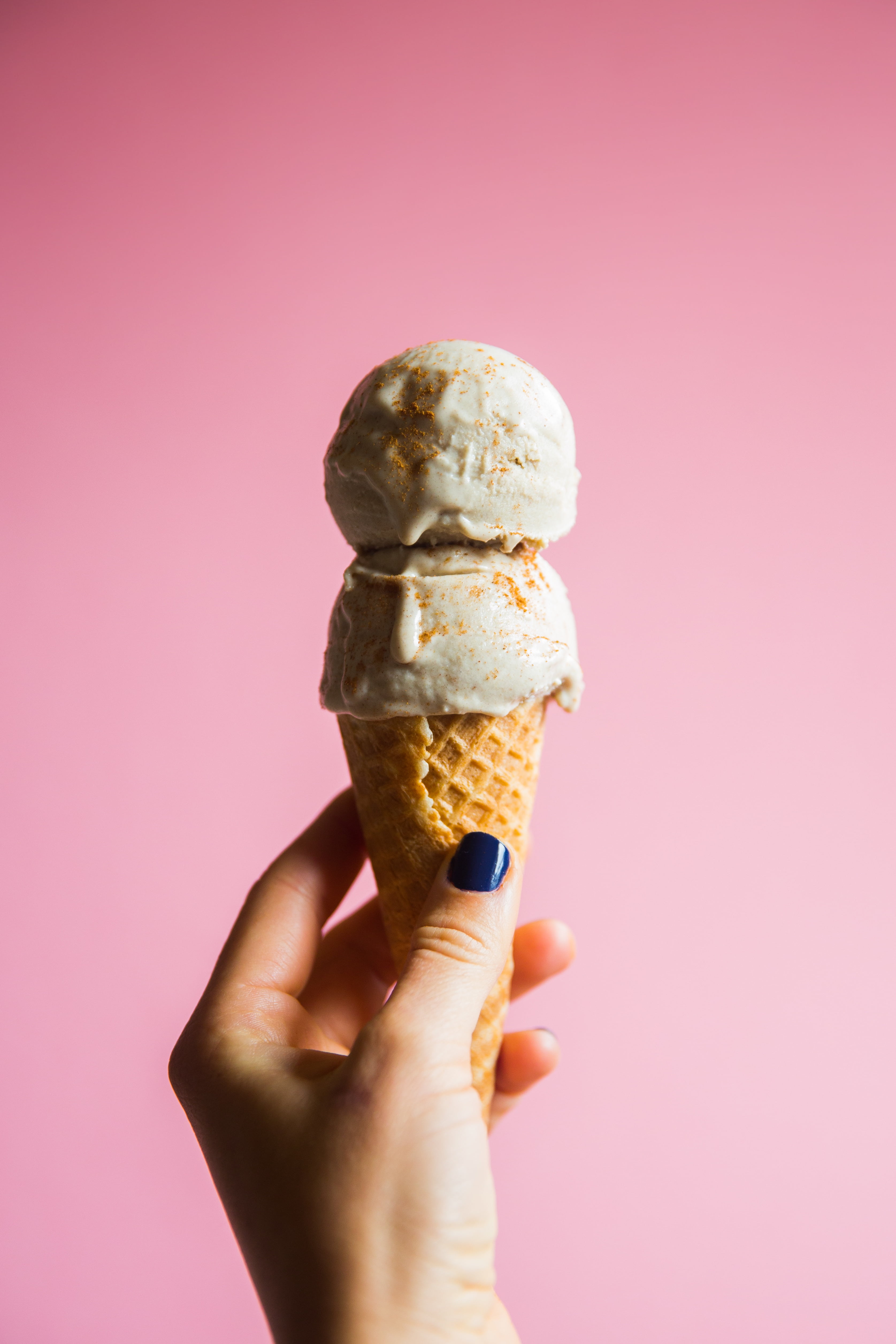 colored background, toppings, pink background, dairy product, frozen food, food, human body part, ice, sweet, snack, temptation, indulgence, human hand, Phone HD Wallpaper