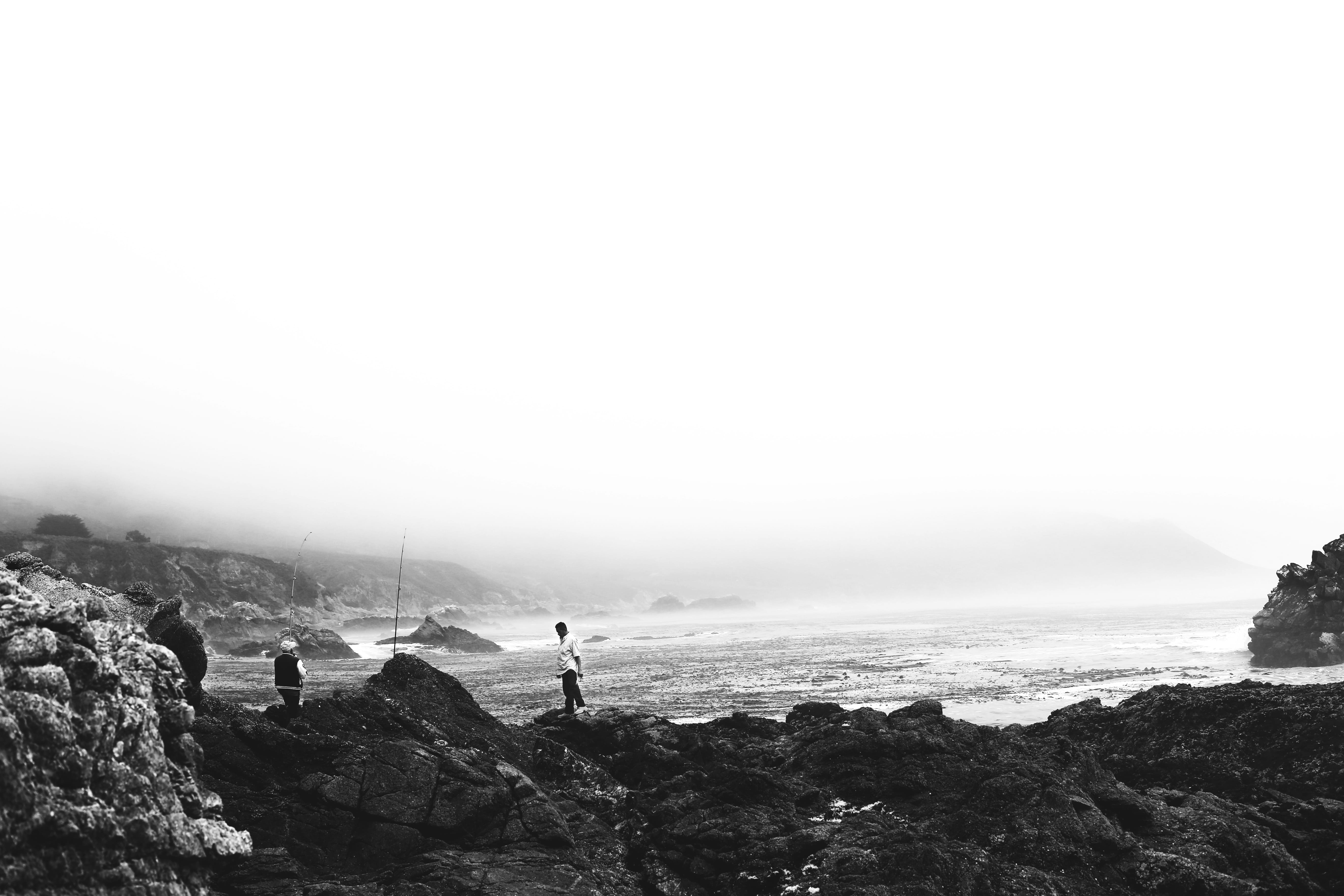 solid, candid, outdoors, sea, gray, fog, beauty in nature, photo, day, men, land, scenics - nature, 5K, lifestyles, seaside, copy space, shore, ocean, HD Wallpaper