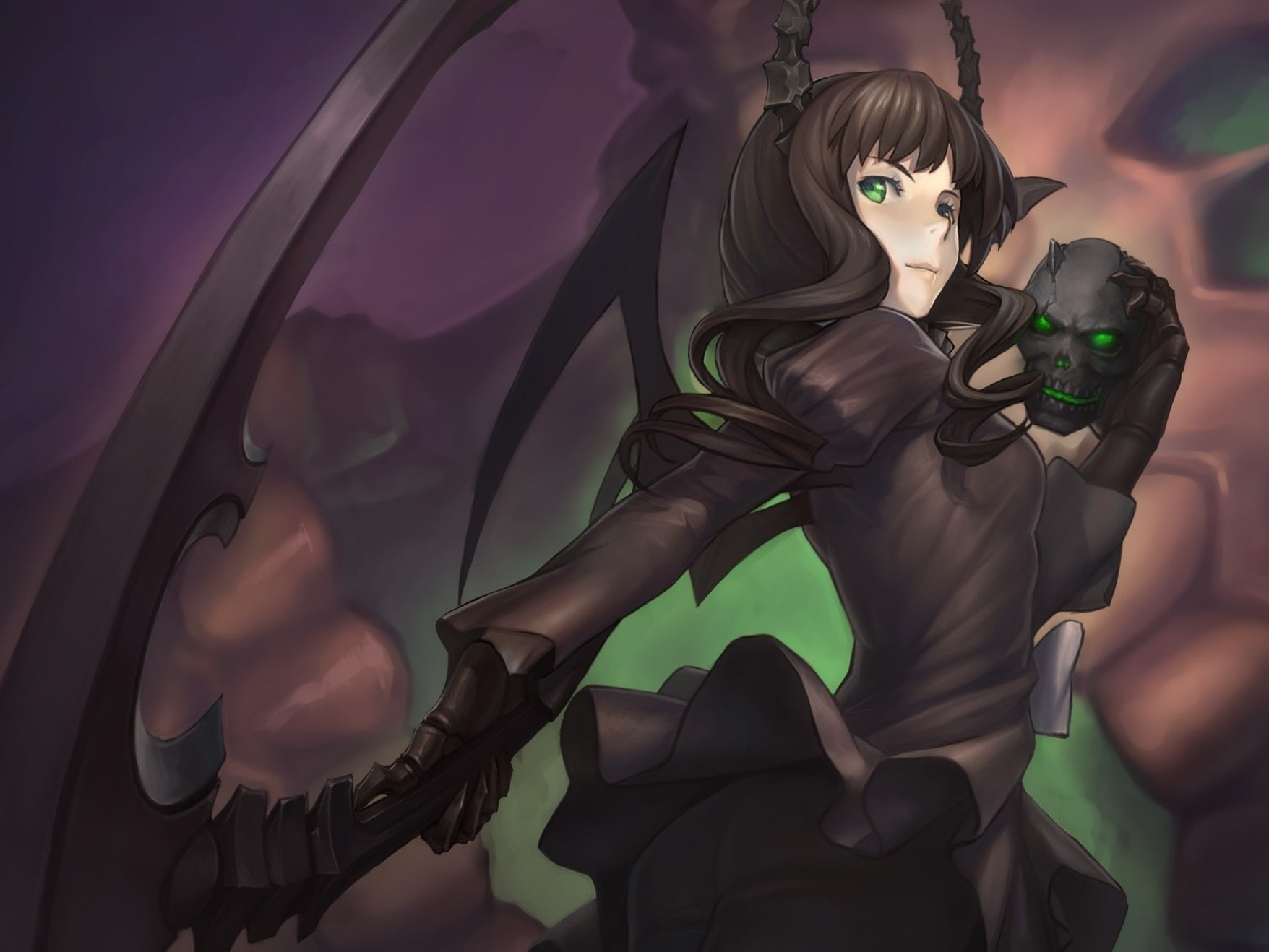 Dead Master, black, rock, shooter, dead, Black Rock Shooter, 720P, women, weapons, hd, wings, master, Scythe, horns, art, HD Wallpaper