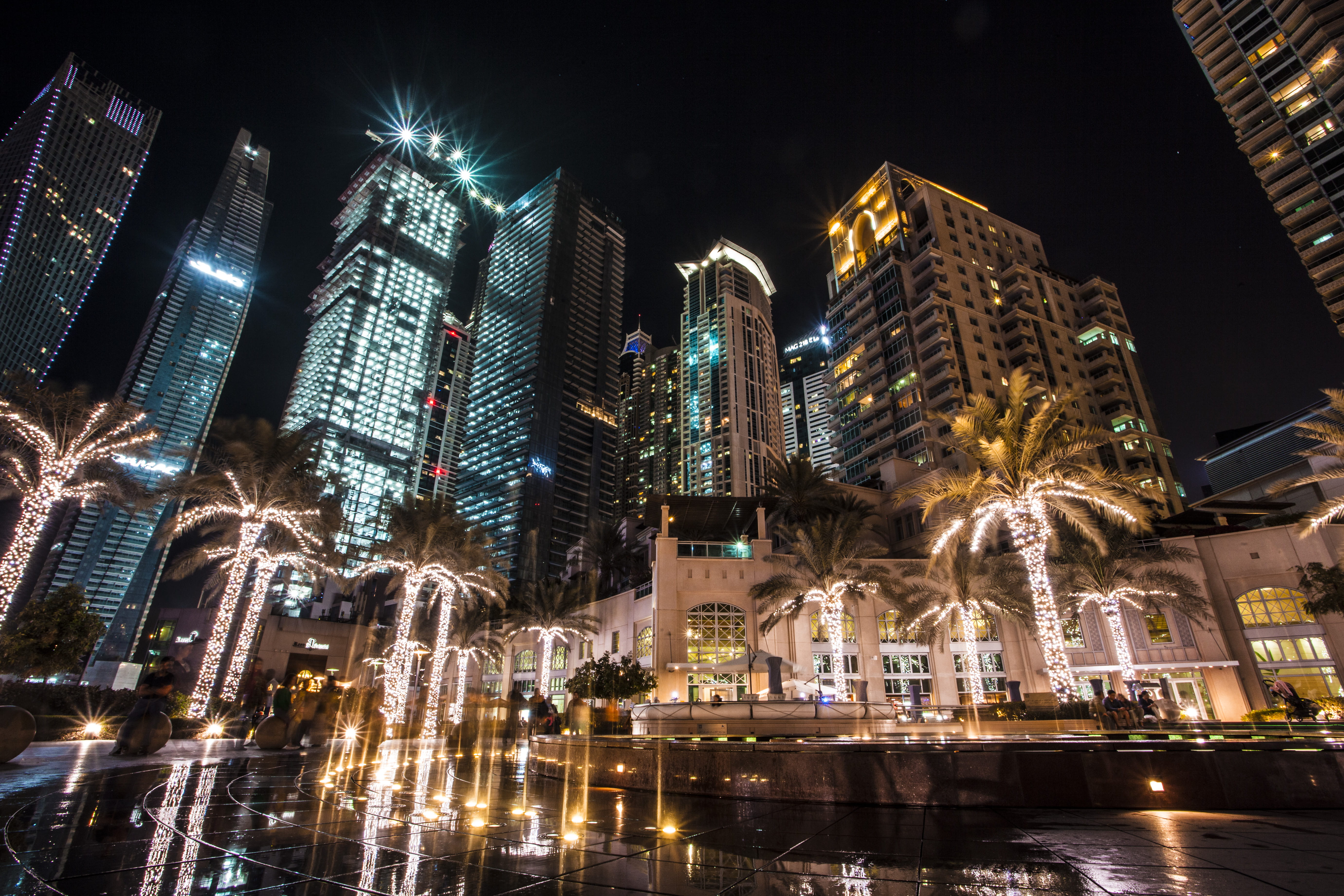 united arab emirates, water, financial district, glowing, dubai, office, built structure, low angle view, buildings, illuminated, building exterior, architecture, HD Wallpaper