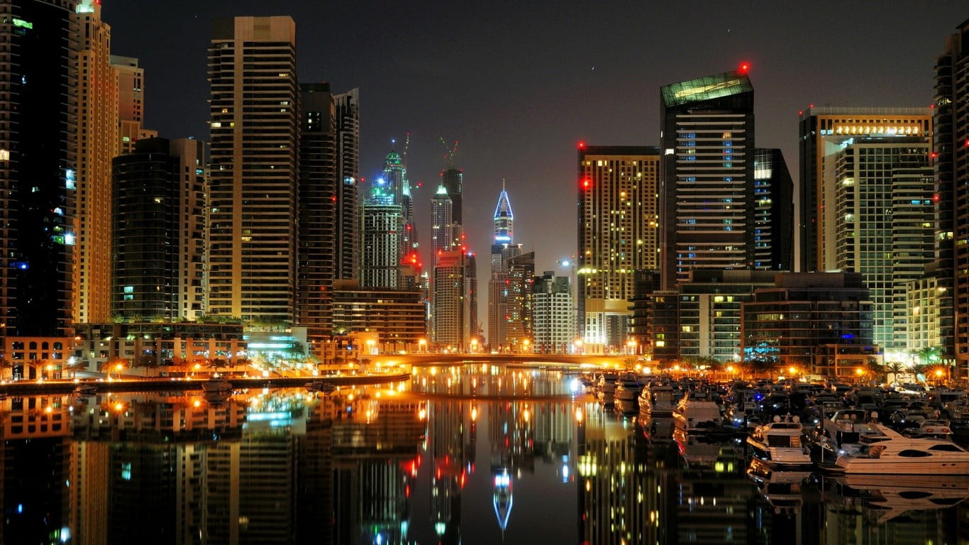 outdoors, no people, tall - high, architecture, building, illuminated, water, Dubai, built structure, modern, high, reflection, sky, cityscape, lights, HD Wallpaper