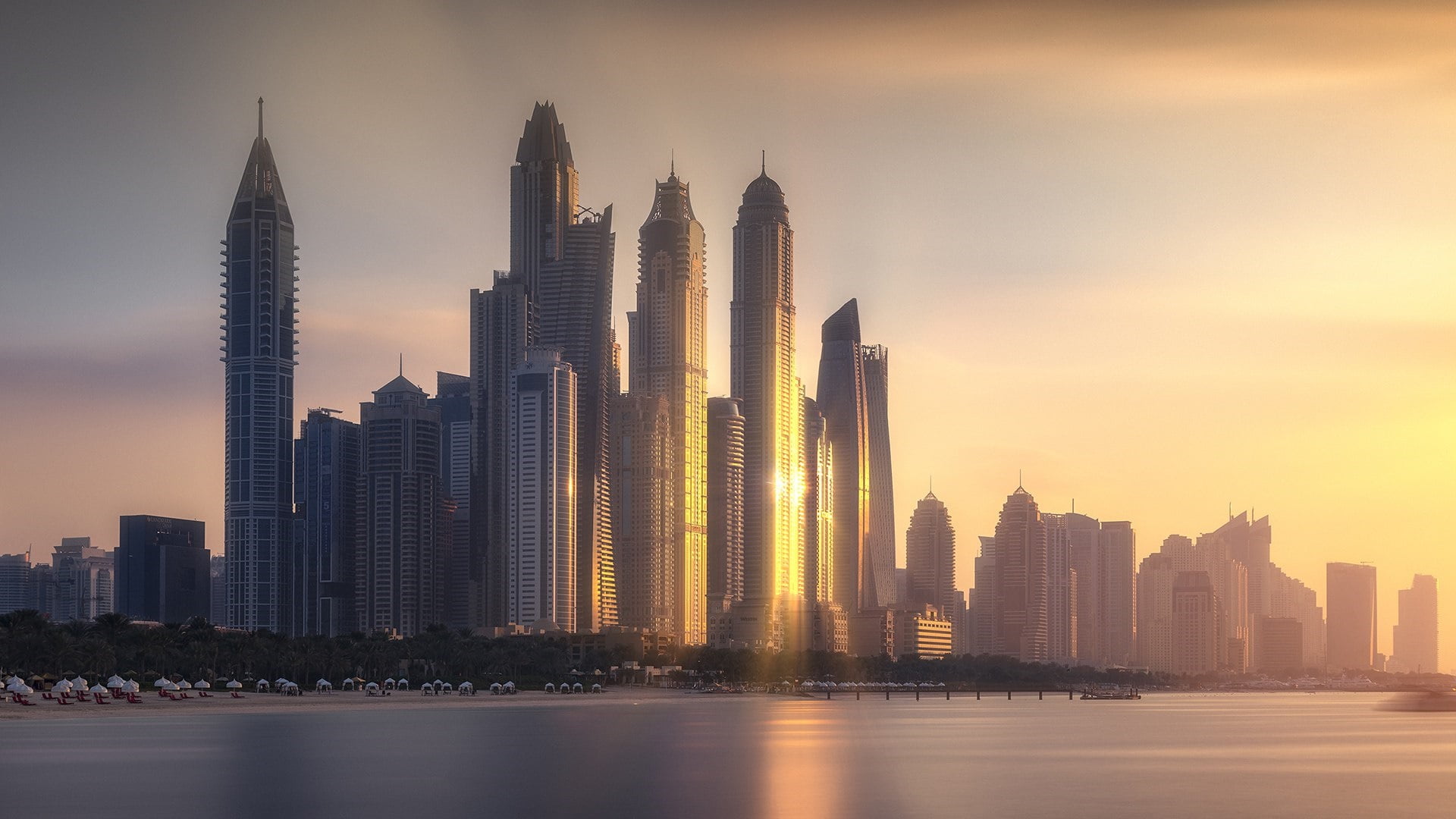 1080P, office building exterior, built structure, dubai, landscape, skyscraper, marina 101, metropolis, cityscape, modern, water, asia, building, sunset, HD Wallpaper