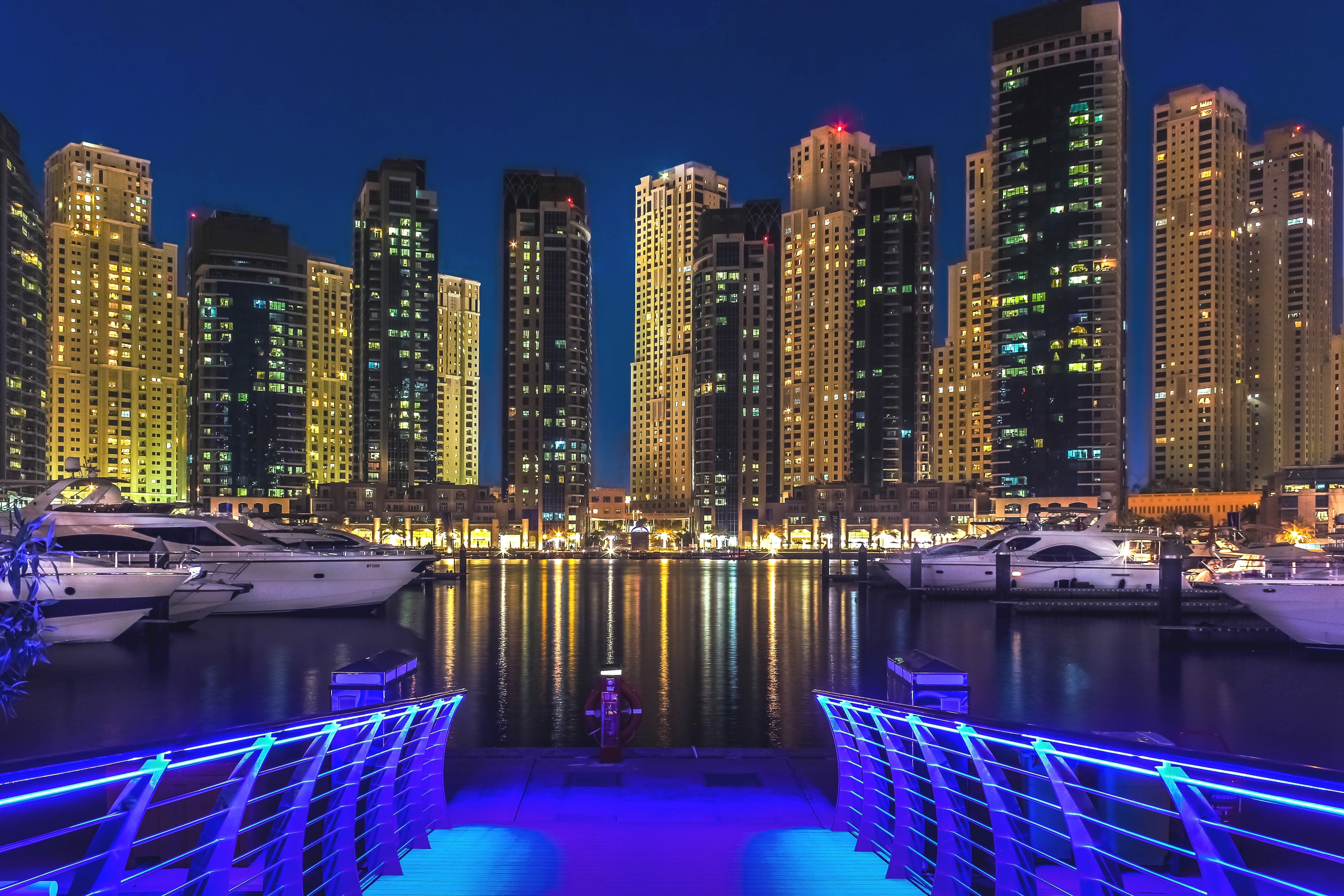 landscape, jumeirah, emirates, skyscraper, lights, financial district, swimming pool, building, dubai marina, water, nature, nautical vessel, no people, HD Wallpaper