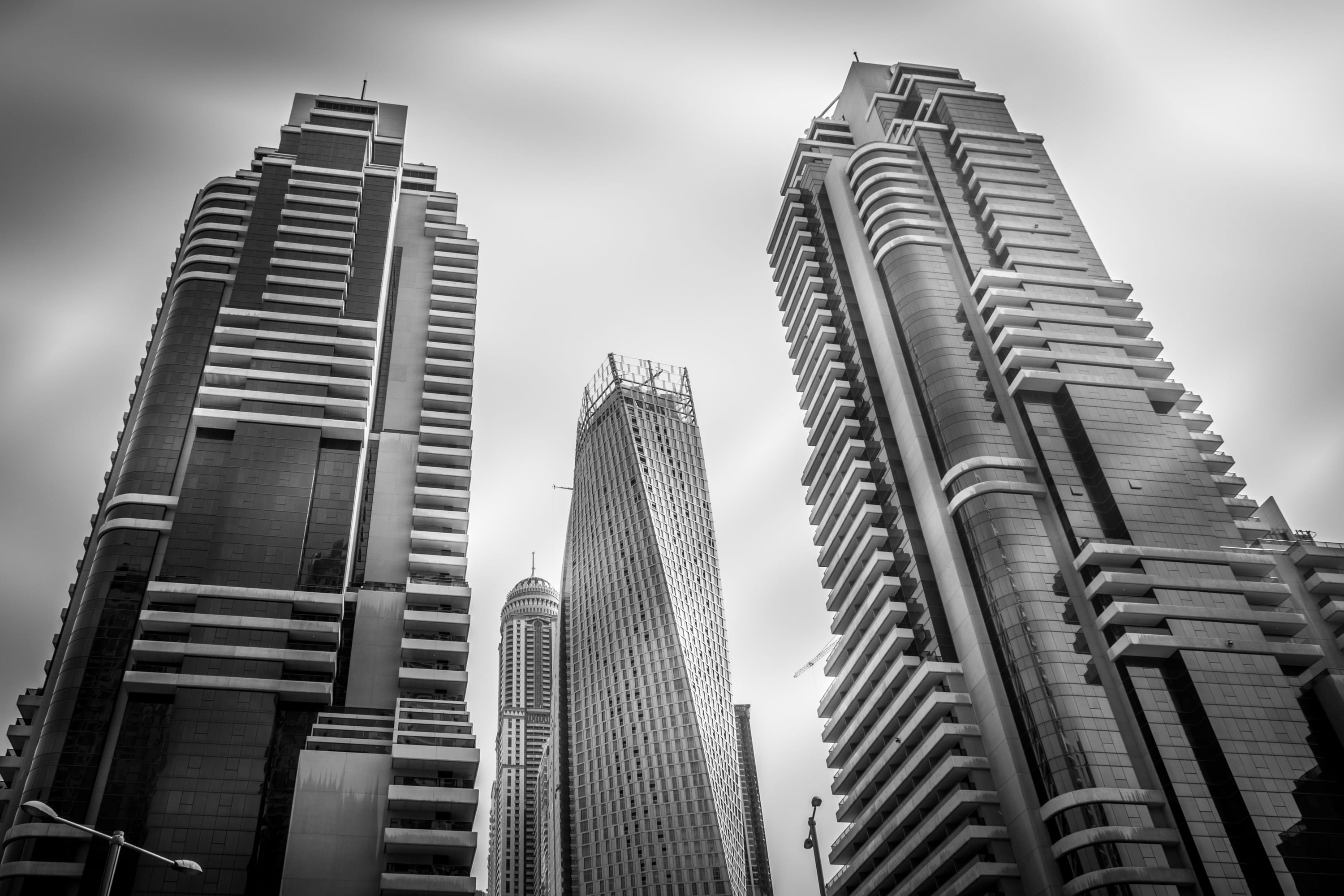 finance, day, Dubai Marina, architectural, tall - high, skyline, office, beautiful, facade, high, travel destinations, office building exterior, grayscale, HD Wallpaper