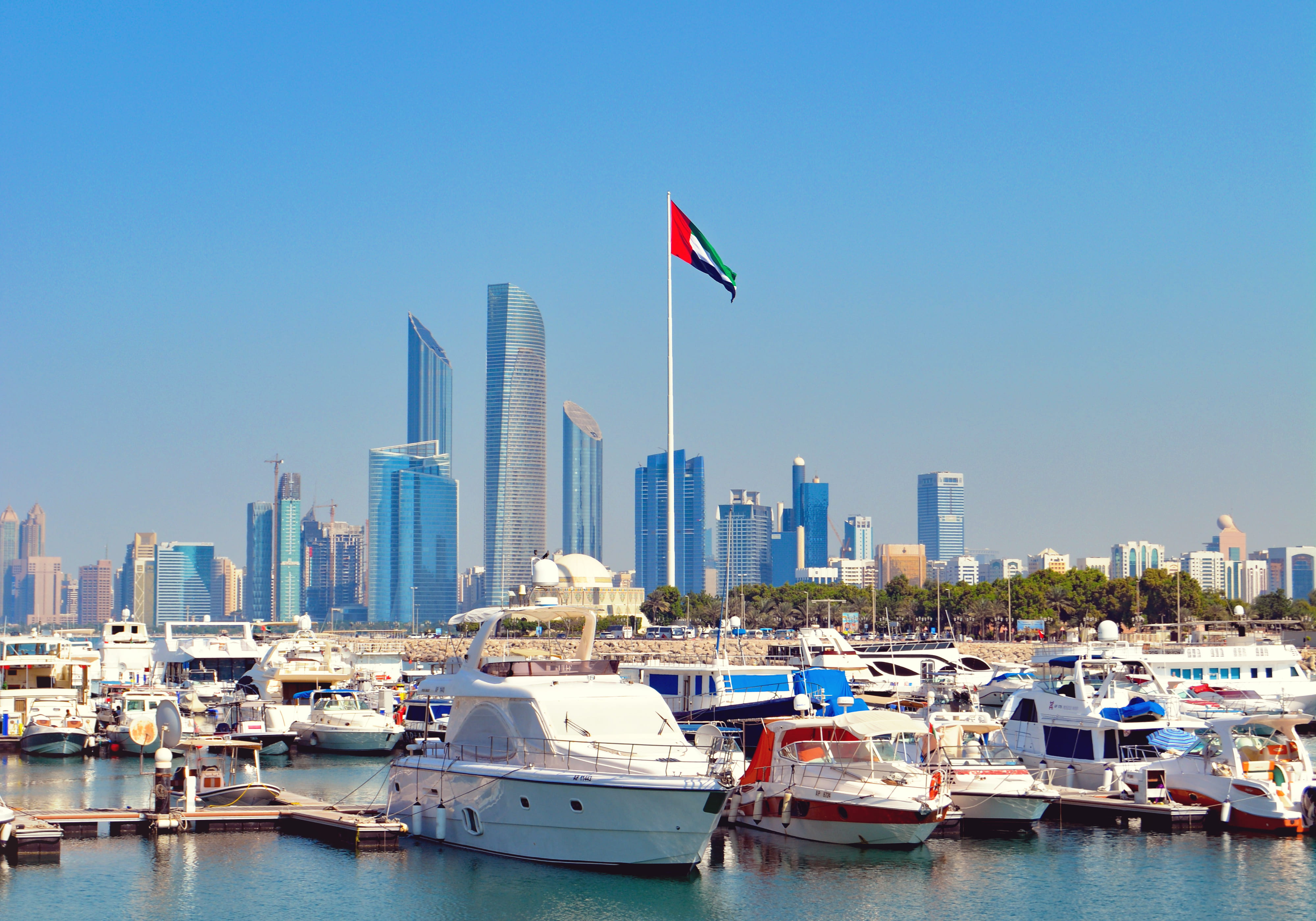 vehicle, dubai, flag, modern, boat, moored, outdoors, built structure, united arab emirates, clear sky, watercraft, view, transportation, cityscape, sky, HD Wallpaper