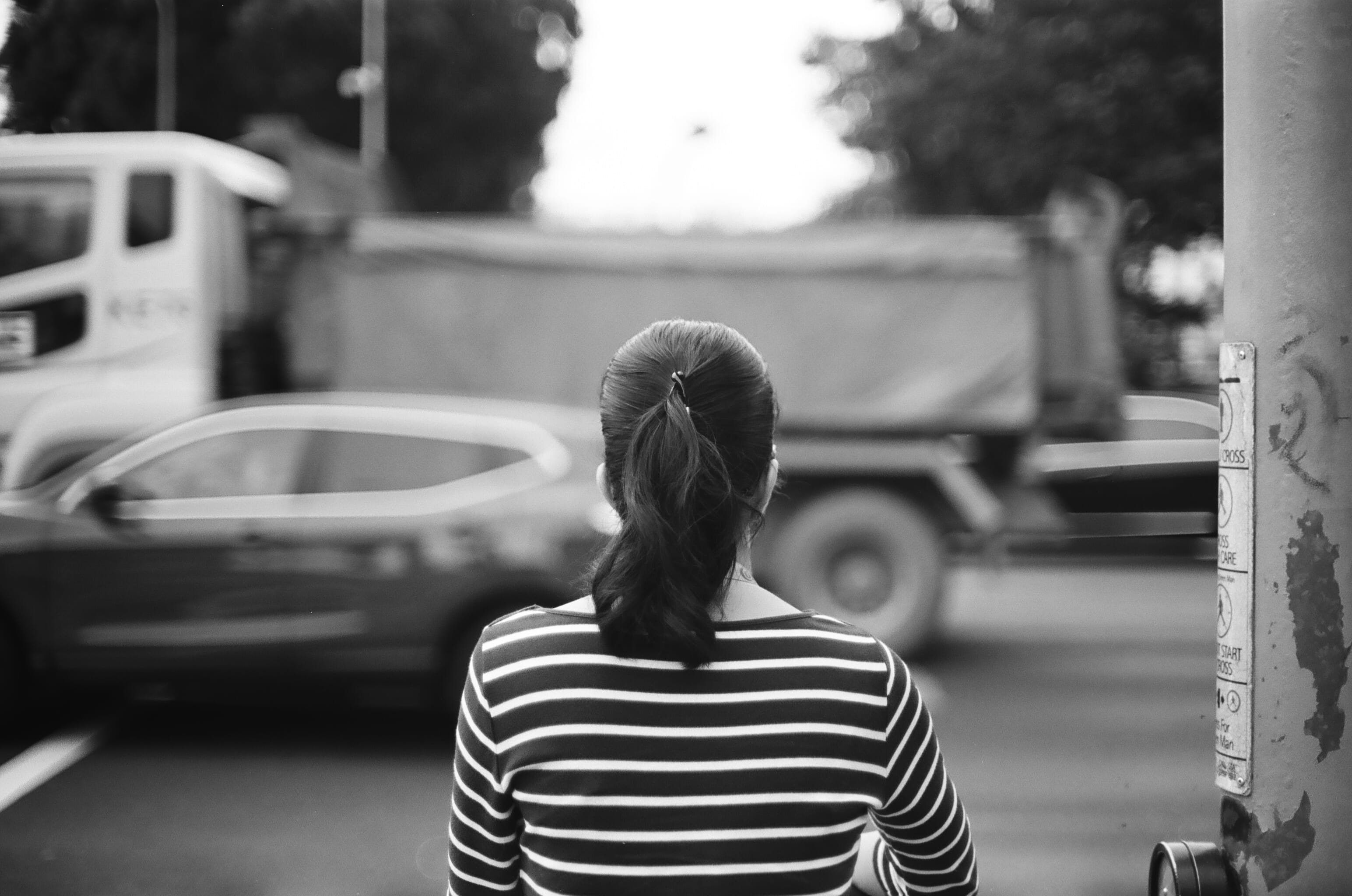 blackwhite, long hair, land vehicle, 2K, waist up, standing, street, hairstyle, adult, one person, lifestyles, streets, woman, focus on foreground, hair, HD Wallpaper