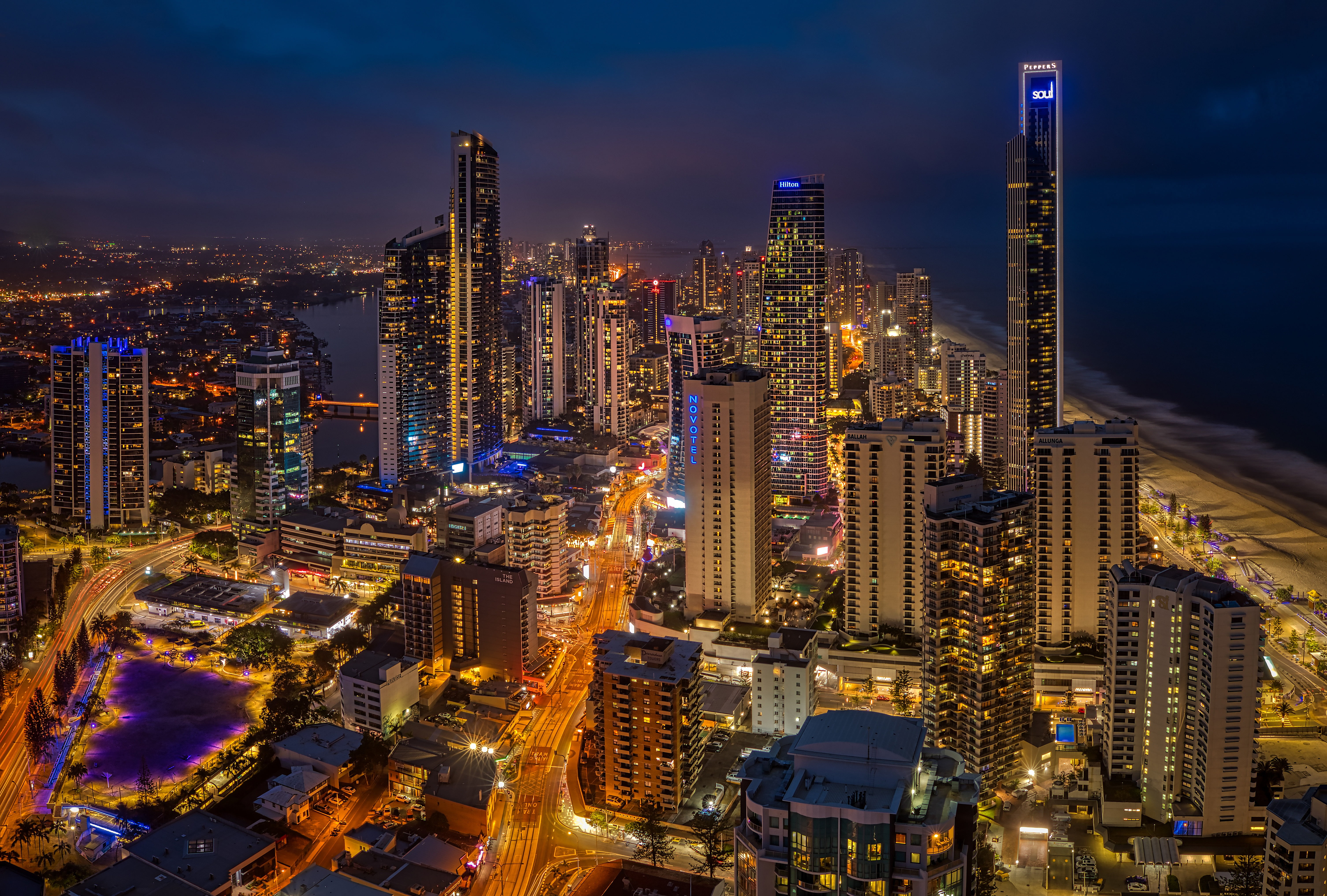 Queensland, home, QLD, building, Australia, Gold Coast, panorama, night city, Coral Sea, The coral sea, The Pacific ocean, the ocean, coast, 5K, skyscrapers, HD Wallpaper