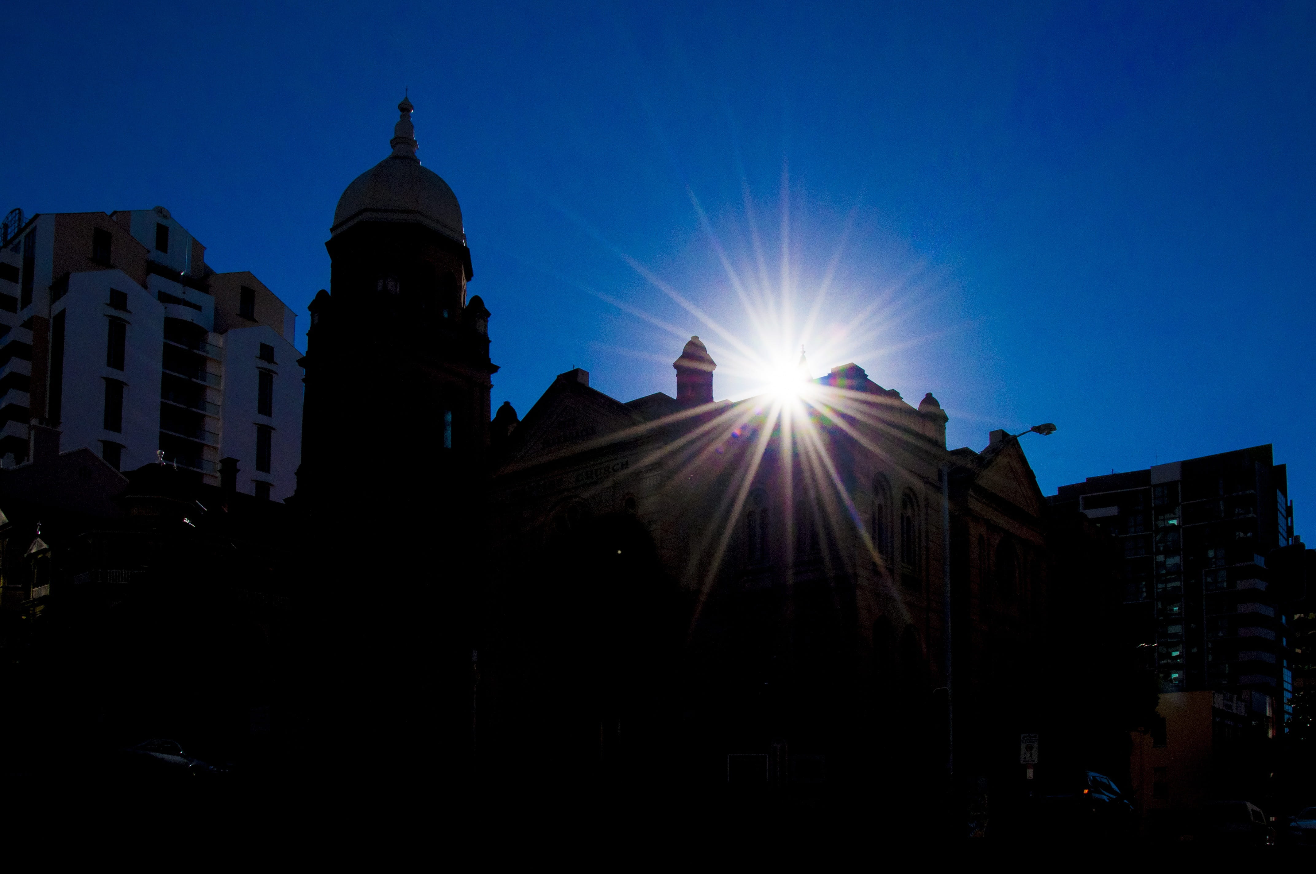 anglican, city, landmark, night, belief, clear sky, urban Skyline, urban Scene, no people, light, 4K, religion, sky, old, sun, Church, place of worship, HD Wallpaper