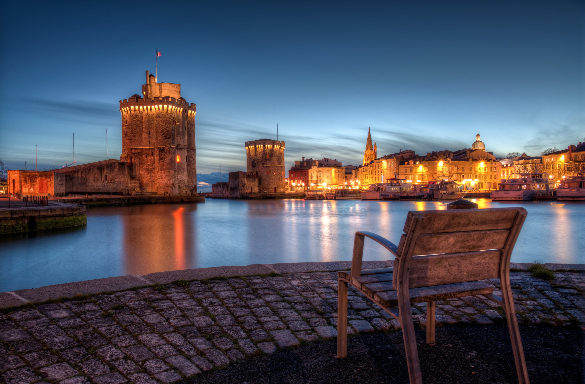 chair, 1080P, The Old Port, France, the evening, La Rochelle, the city, coast, Bay, lights, pavers, HD Wallpaper