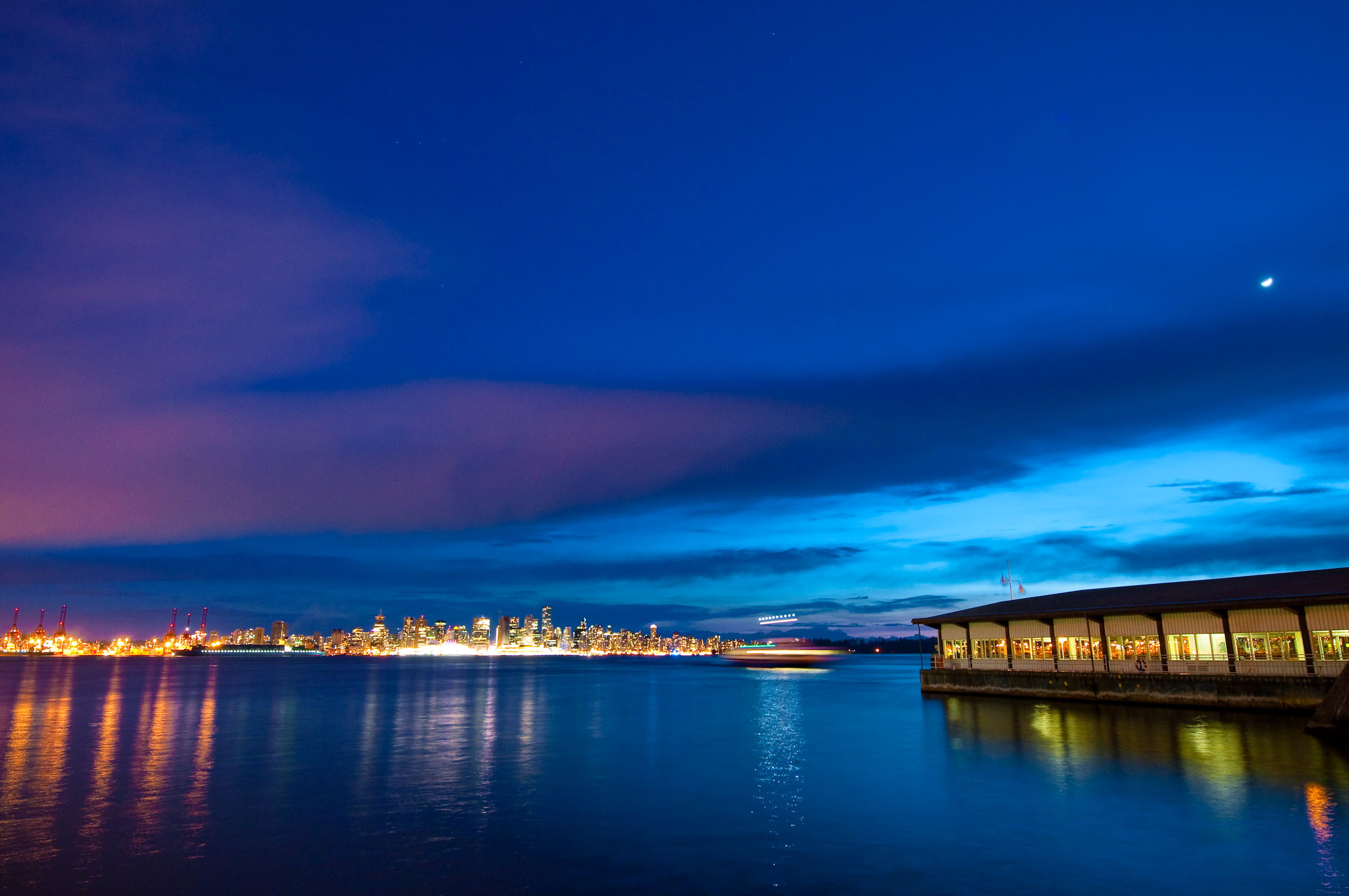 architecture, harbor, terminal, blue hour, water, sea, body, photo, cityscape, reflection, buildings, dusk, sunset, lighted, night photography, vancouver, HD Wallpaper