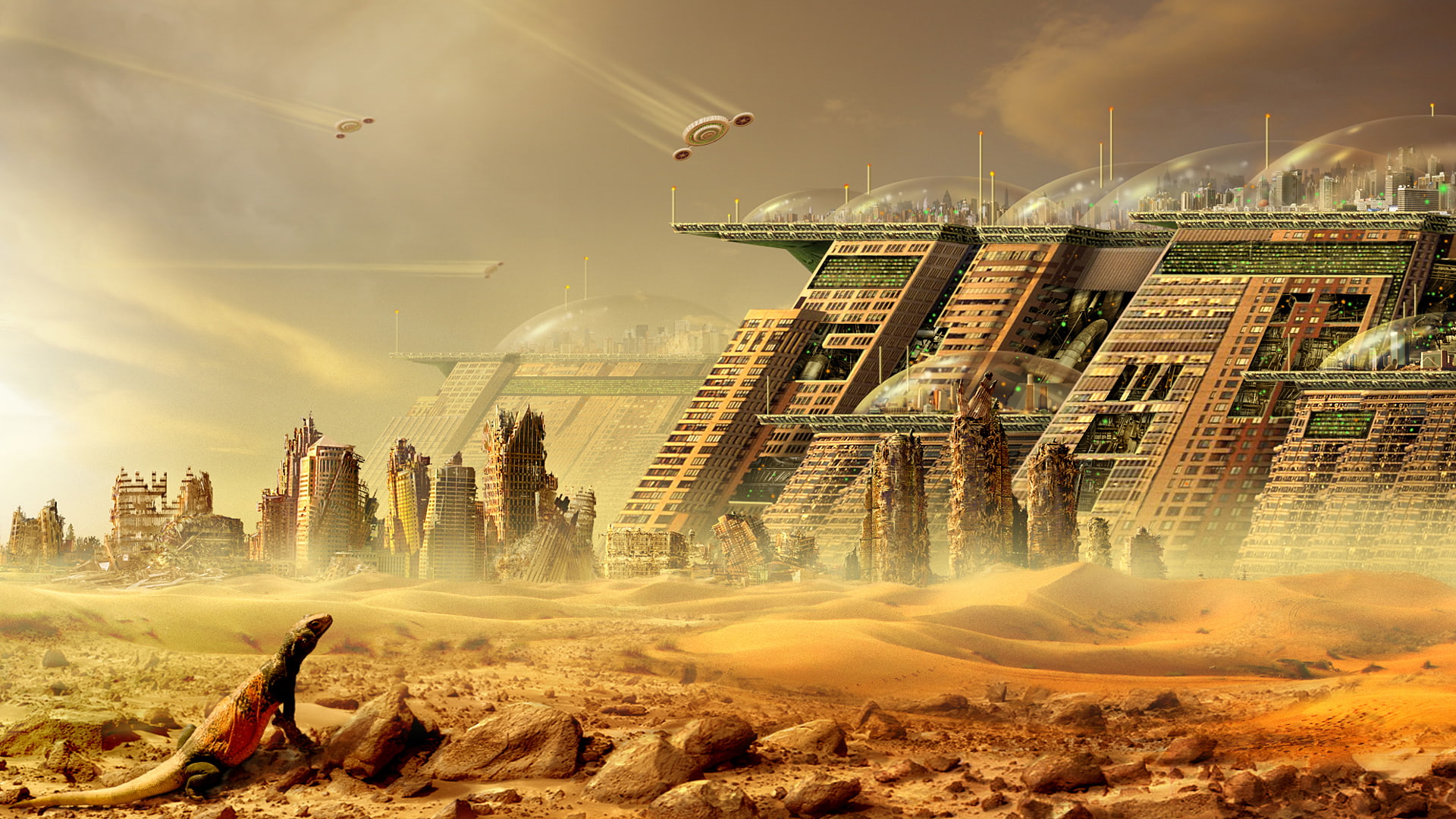 City, Technology, Sci Fi, Ruin, 1080P, Desert, Dome, Ship, Cityscape, Lizard, HD Wallpaper