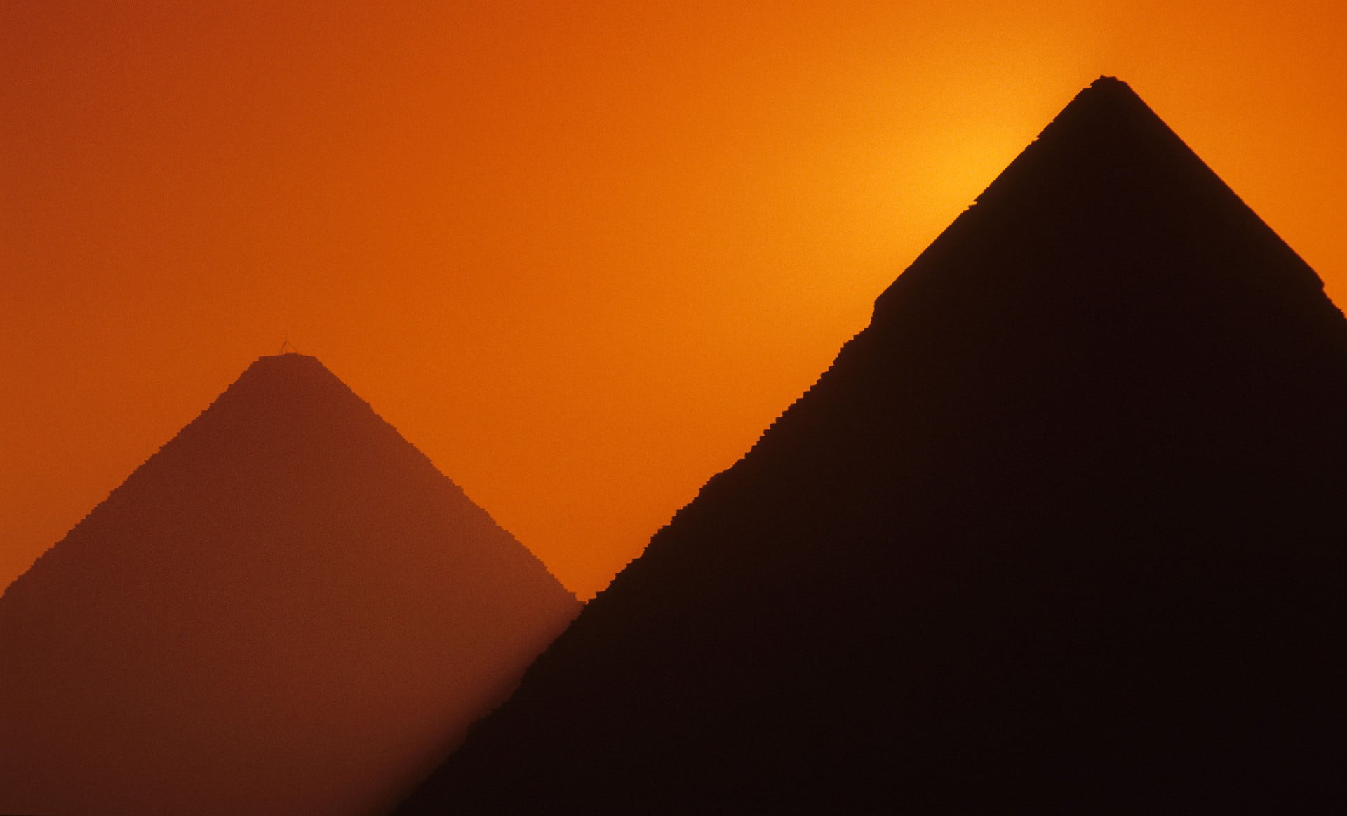 shape, landscape, archaeology, travel, history, triangle shape, no people, the past, orange color, sunset, pyramid, desert, mountain, artwork, ancient civilization, HD Wallpaper