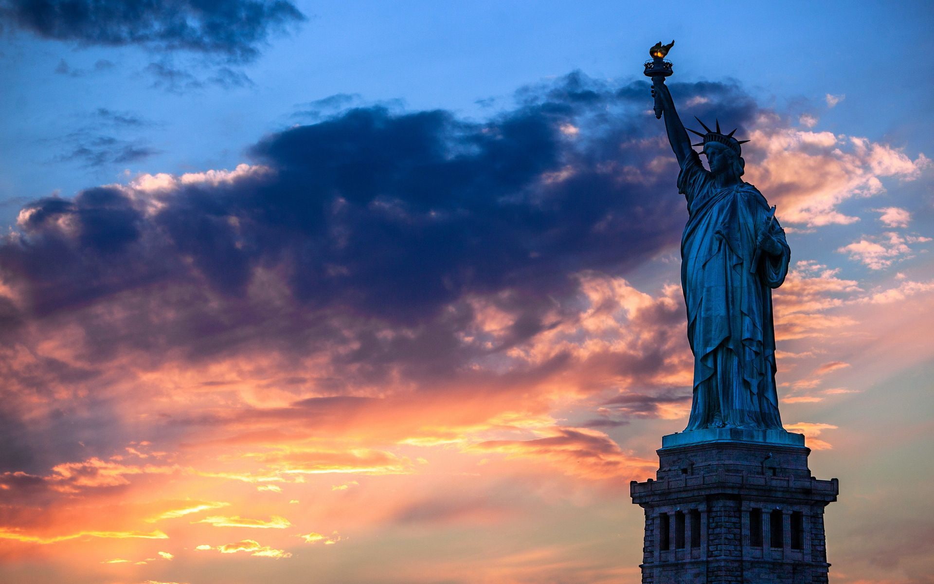 statue, 1080P, statue of liberty, sunset, clouds, sky, liberty, HD Wallpaper