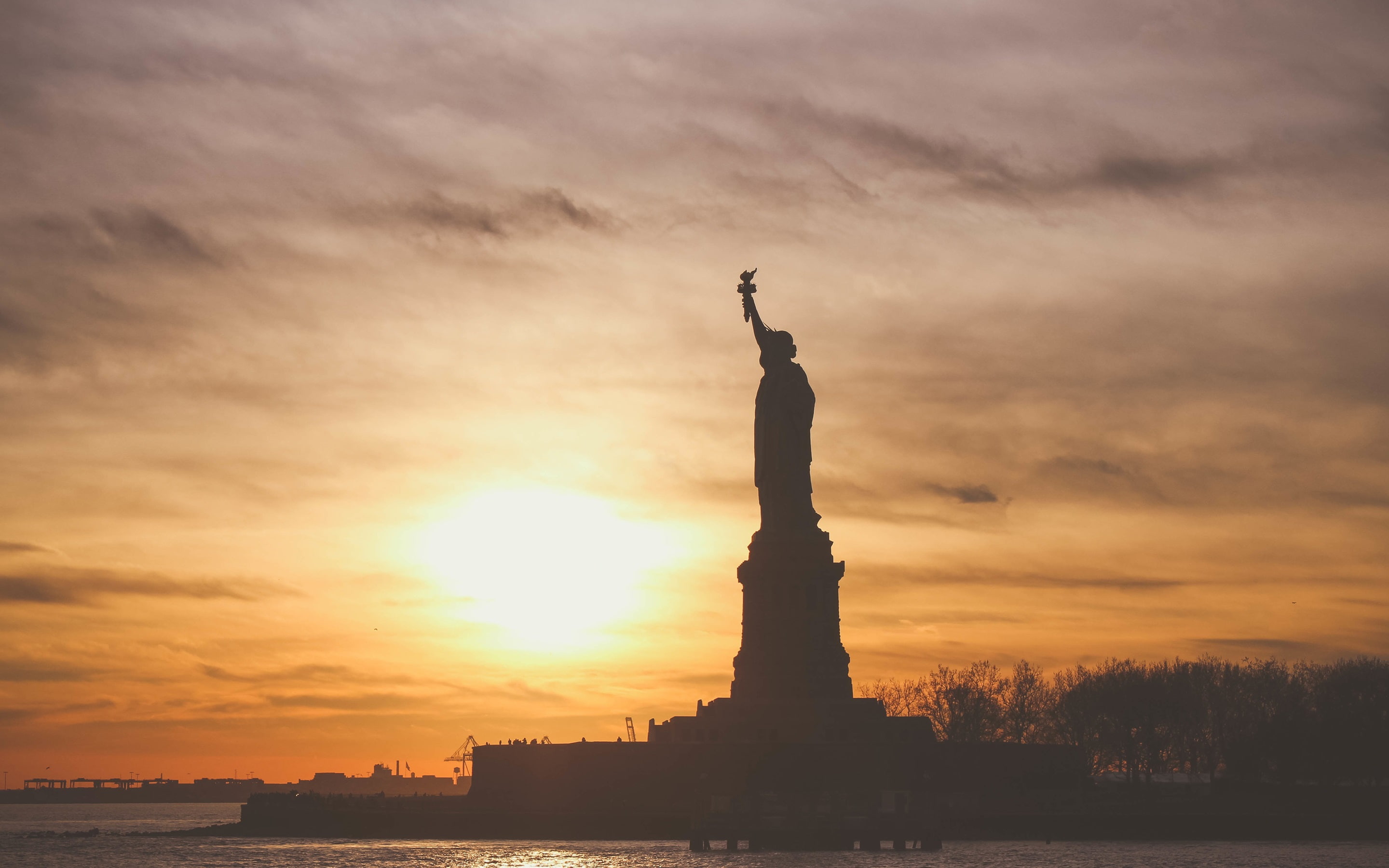 Sunset, Sea, 2K, American, Statue, Liberty, HD Wallpaper