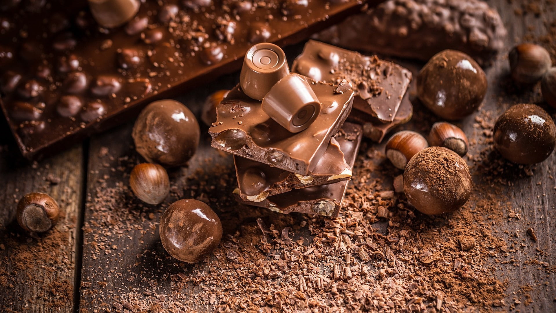 sweet, temptation, praline, high angle view, food and drink, dark, 1080P, brown, chocolate balls, ingredient, table, chocolate, rustic, studio shot, bonbon, HD Wallpaper