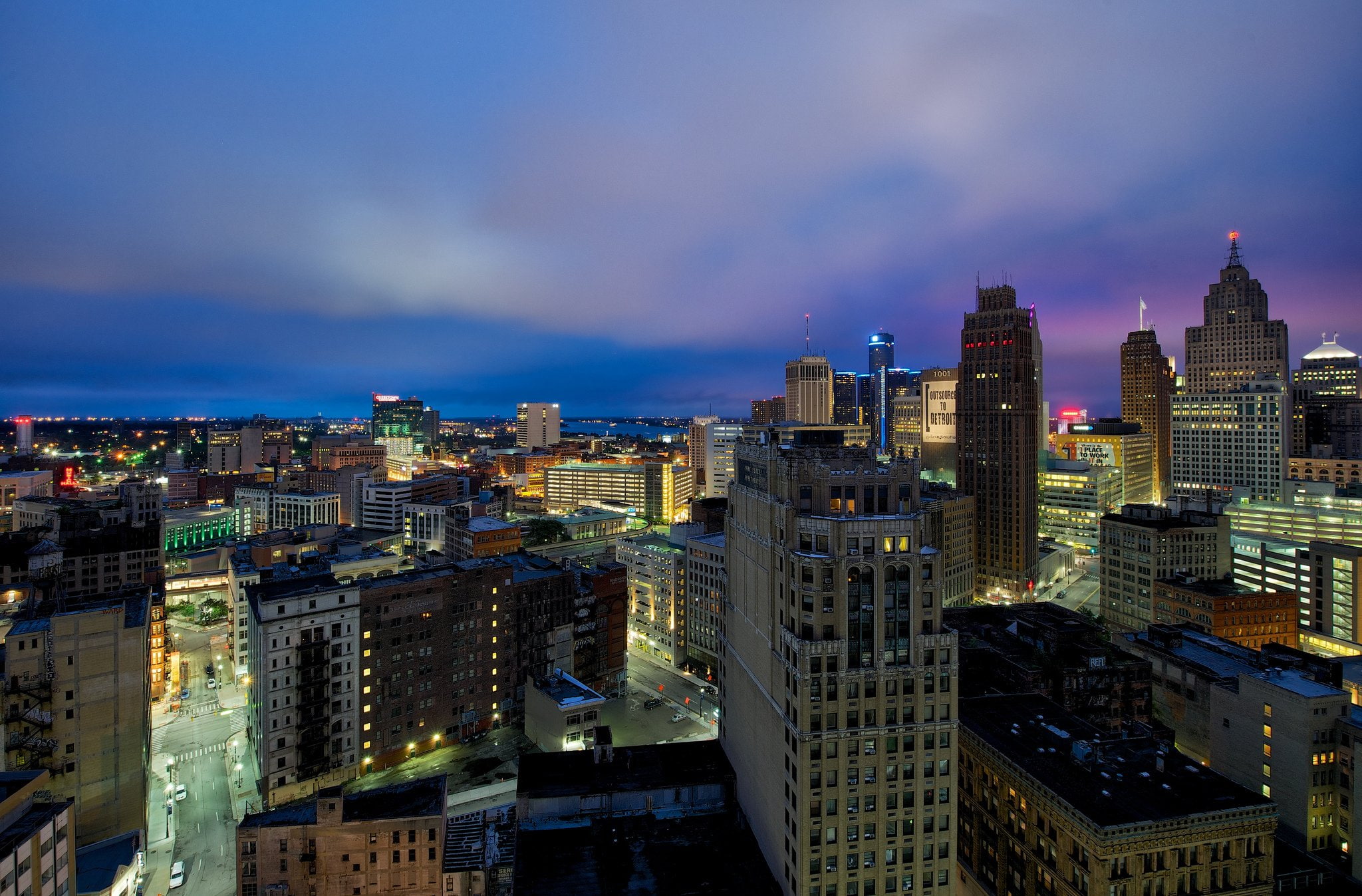 storehouses, offices, towers, bridges, night, monorail, 1080P, stores, oakland, buildings, cities, michigan, city, chrysler, ford, port, detroit, jet, HD Wallpaper
