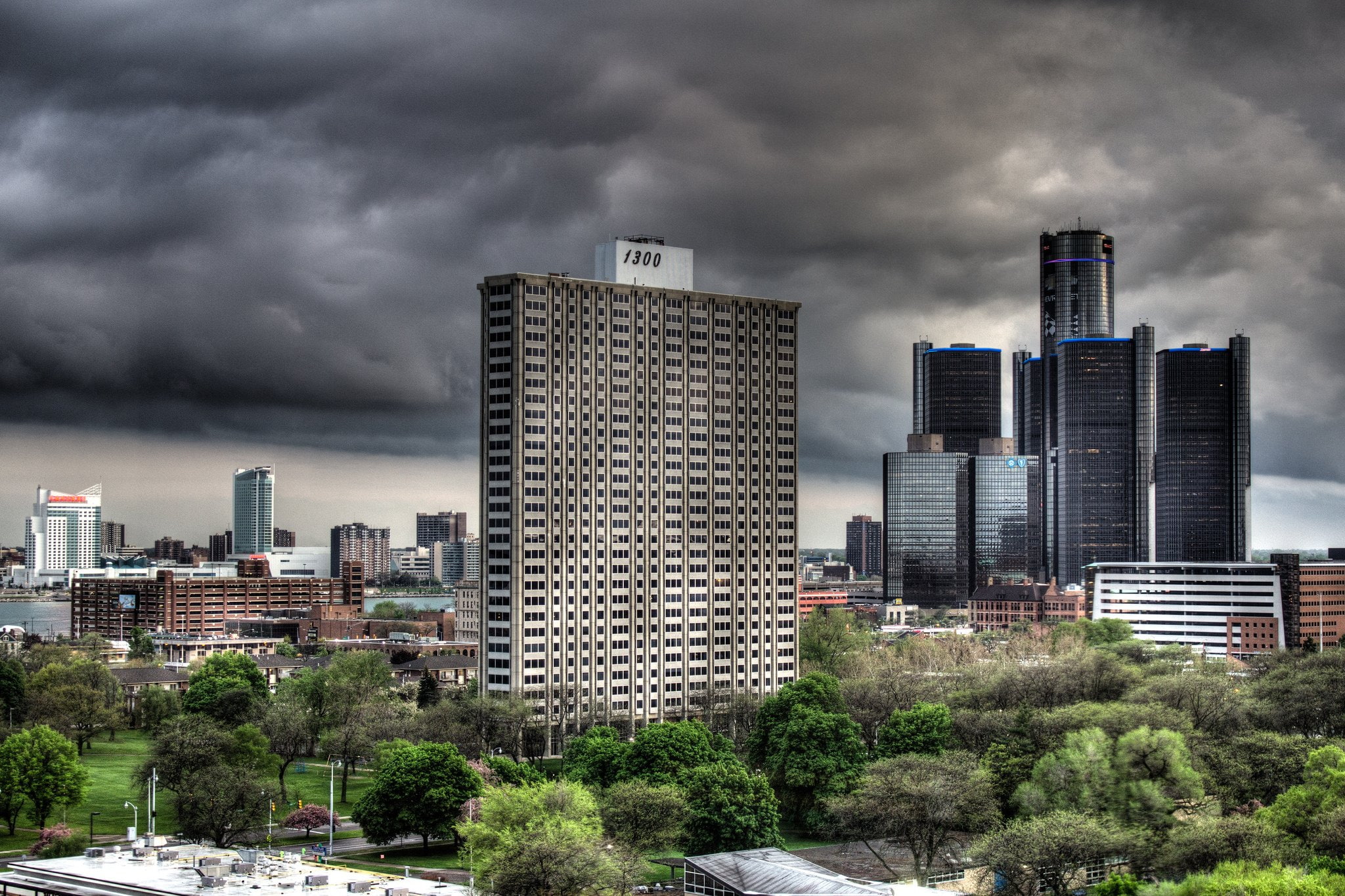 chrysler, towers, art, 1080P, storehouses, architecture, jet, stores, docks, buildings, downtown, michigan, usa, bridges, monorail, port, detroit, offices, HD Wallpaper