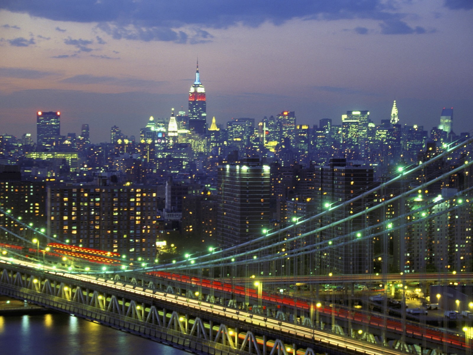 landscape, bridge - man made structure, Manhattan Bridge, 720P, transportation, travel destinations, light trail, tall - high, bridge, no people, skyscraper, HD Wallpaper