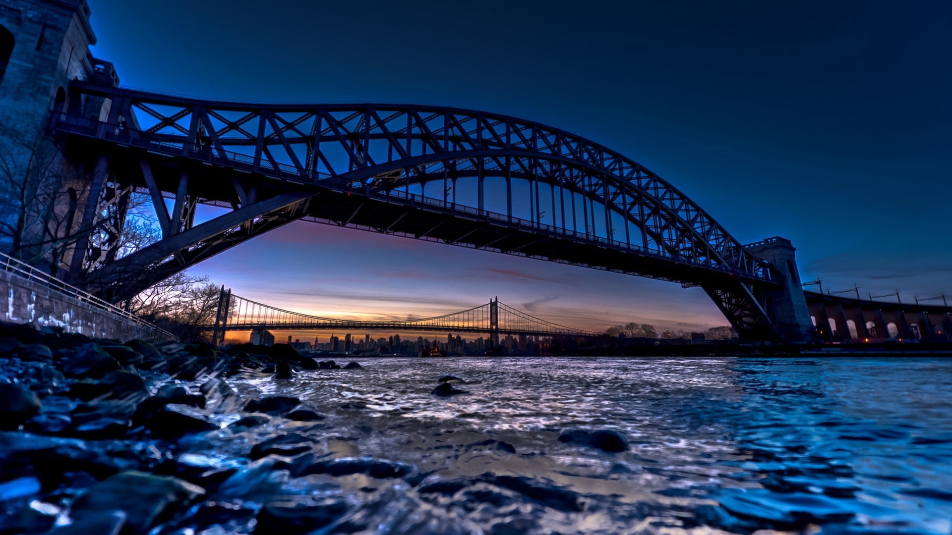 water, waterfront, blue, outdoors, Brooklyn Bridge, HDR, New York City, bay, engineering, steel, travel destinations, connection, city, river, transportation, HD Wallpaper