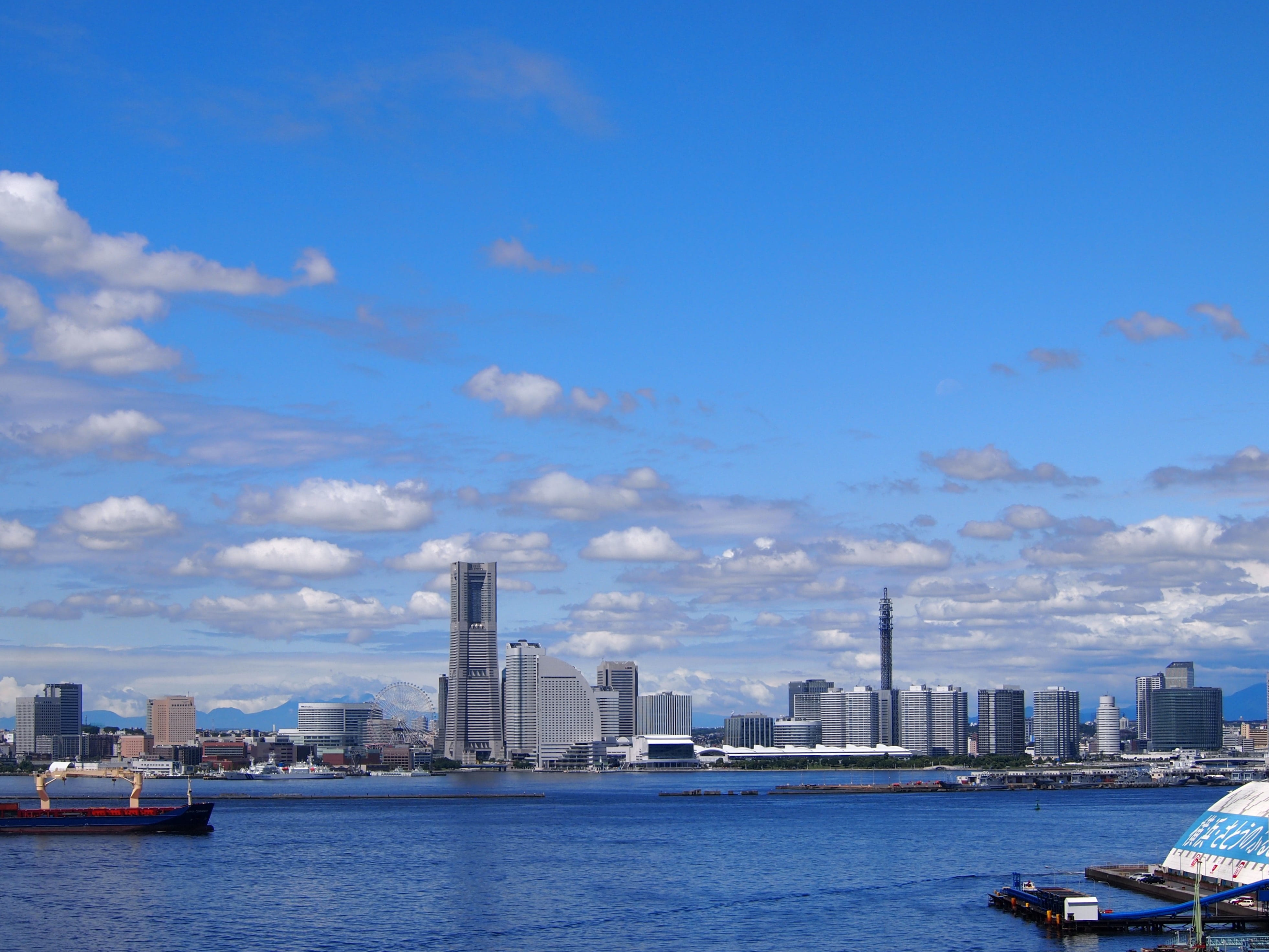 sea, bay, Minato Mirai, cityscape, tanzawa, building exterior, nautical vessel, skyscraper, landscape, blue, water, office building exterior, waterfront, HD Wallpaper