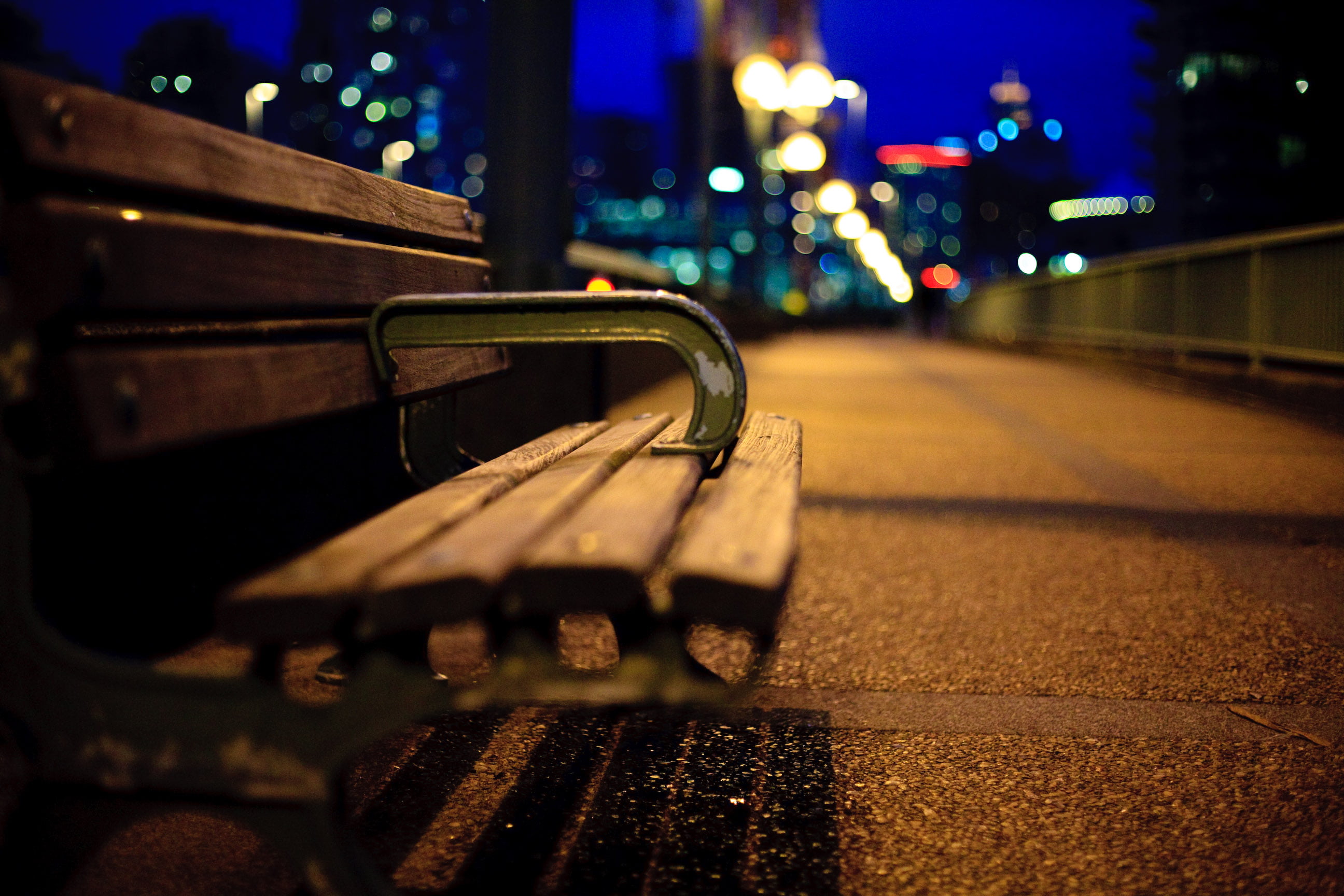 metal, cambie street bridge, blue hour, panel, urban Scene, wooden bench, 2K, gray, night, Benched, wooden, vancouver, street, long exposure, sidewalk, HD Wallpaper